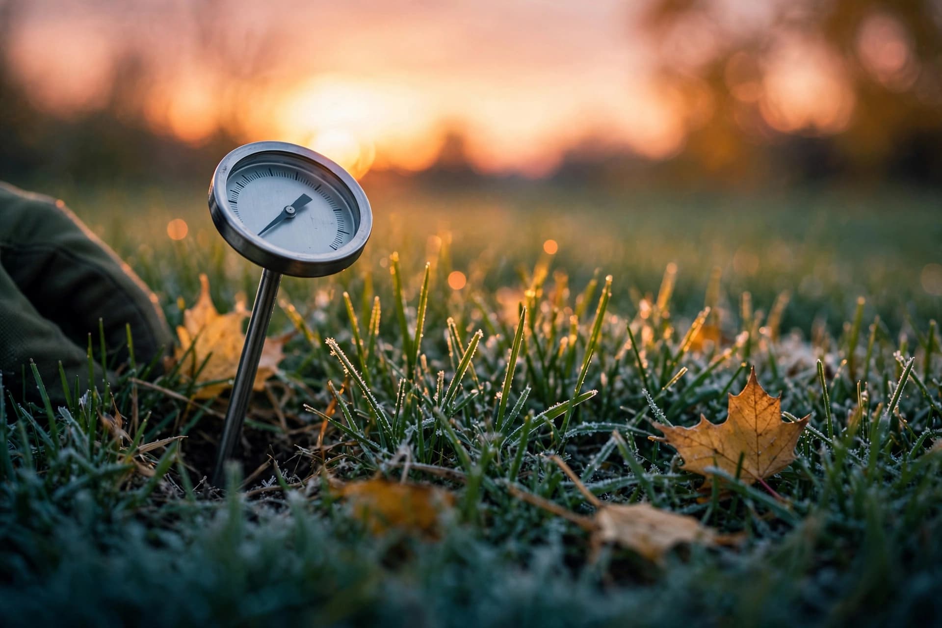 Soil thermometer in a green lawn at dusk used to time a fall fertilizer application