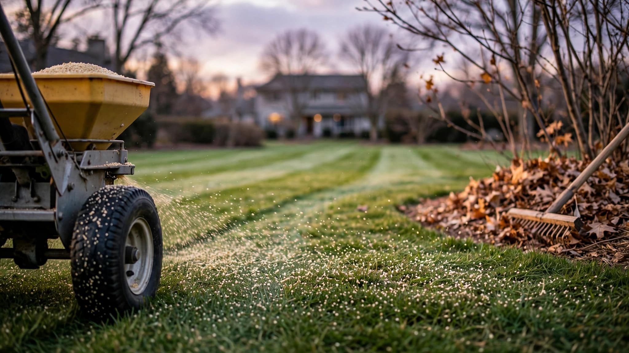 Broadcast spreader leaving even rows of fertilizer granules across a fall lawn