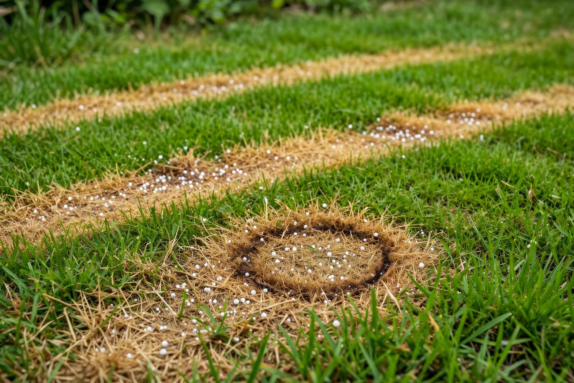 Yellow-brown fertilizer burn streaks on a green lawn where spreader passes overlapped