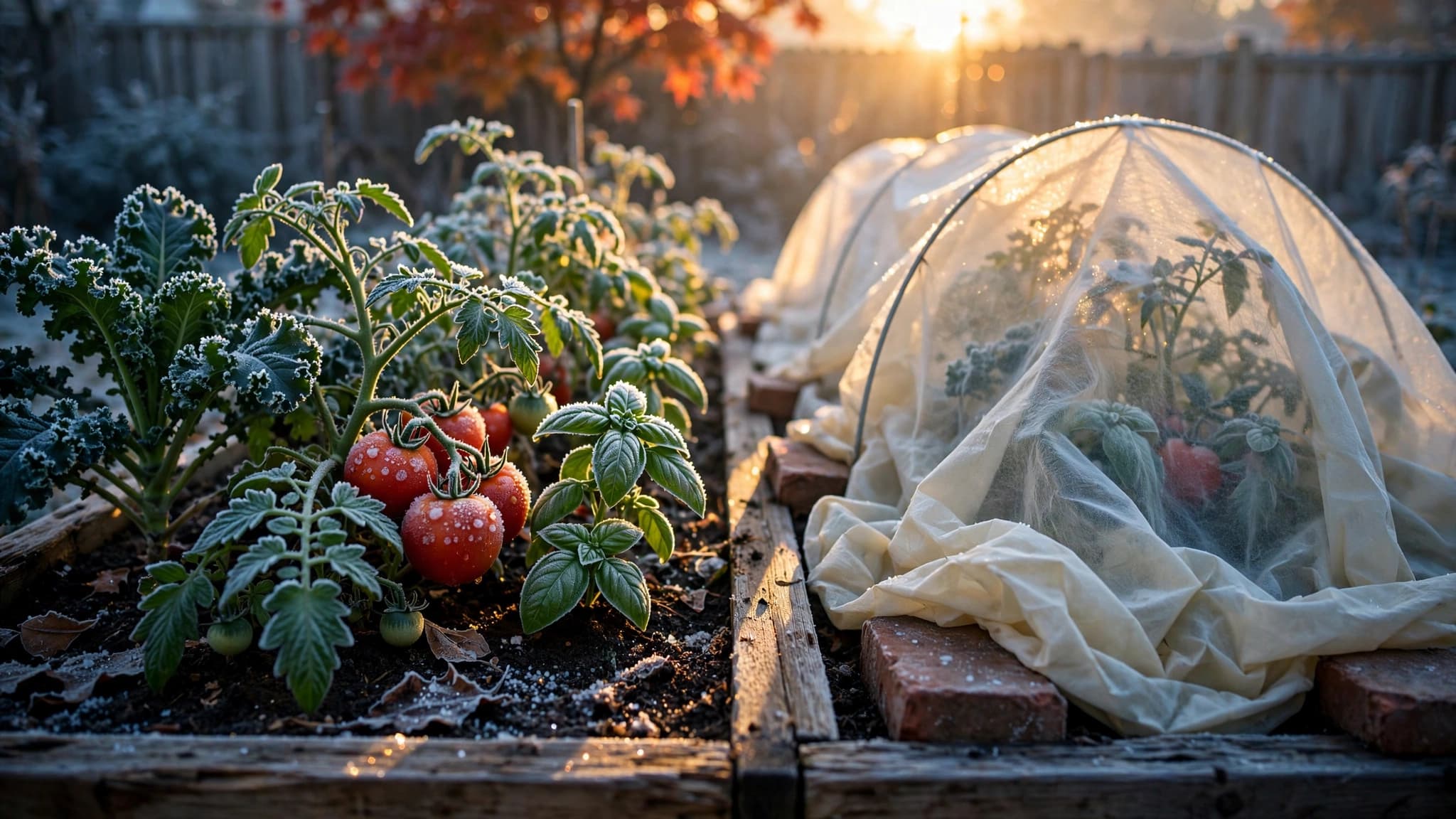 Row cover draped over half a frosted raised bed: what to do before the first frost to save tomatoes and kale