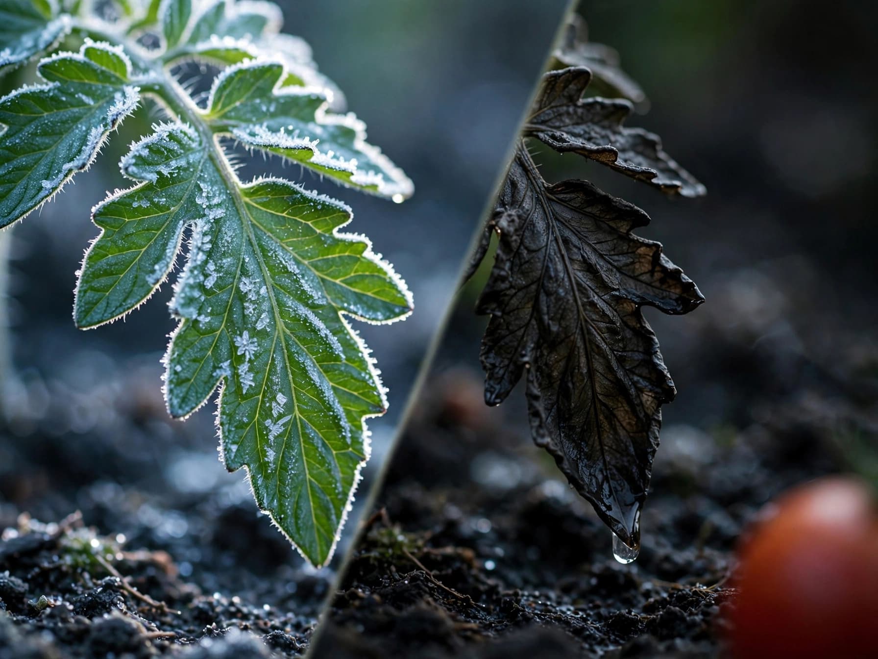 Frost vs freeze damage: a frosted tomato leaf next to a blackened leaf after a hard freeze