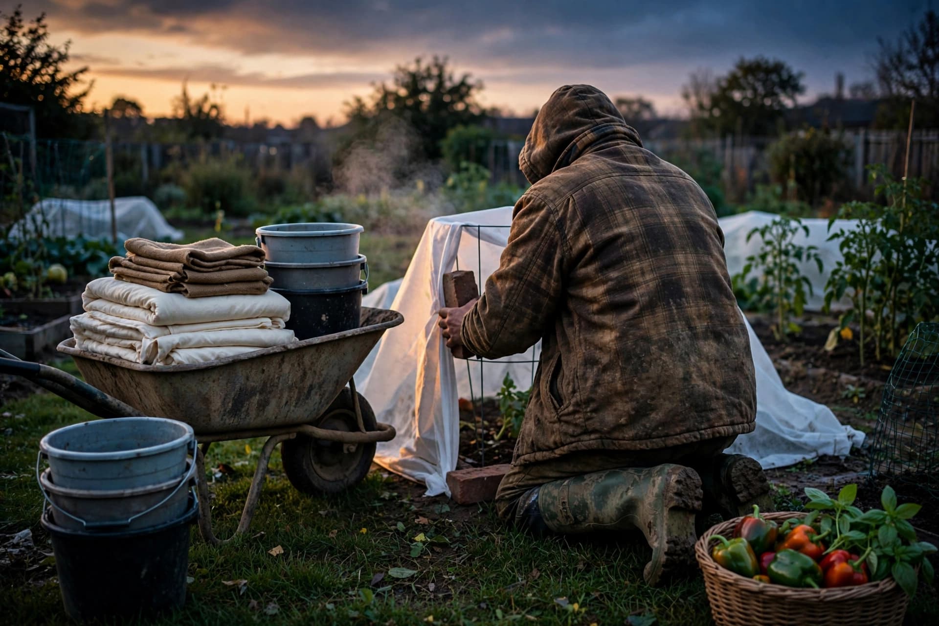 Gardener anchoring row cover over tomatoes at sunset ahead of a frost advisory tonight