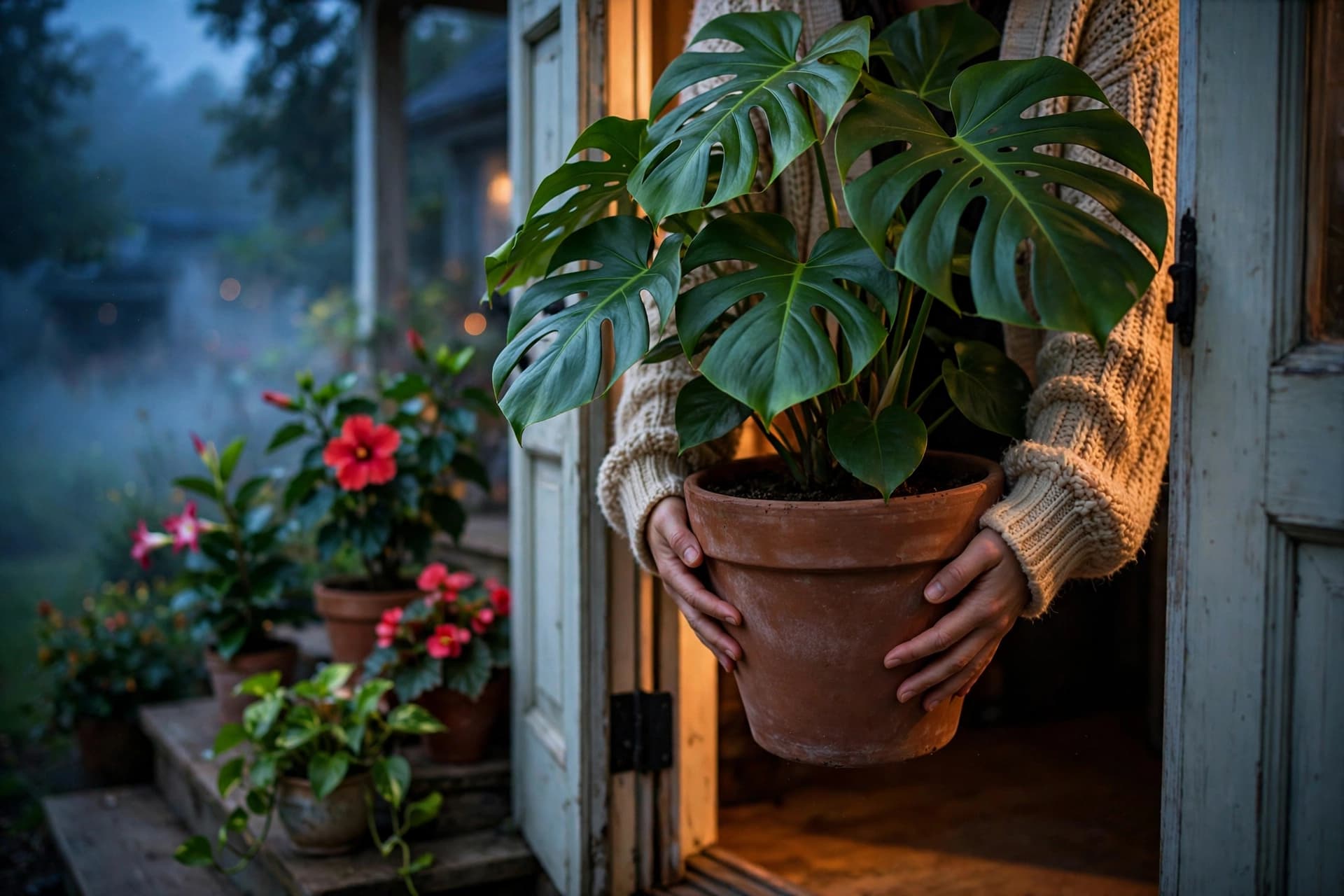 Hands carrying a potted monstera through a back door to bring plants inside before frost
