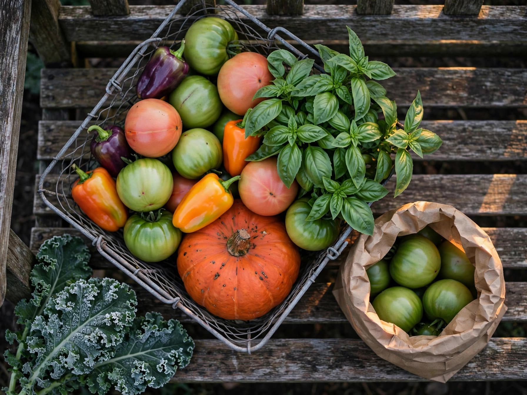 Basket of tomatoes, basil and peppers harvested before the first frost, with frosted kale behind