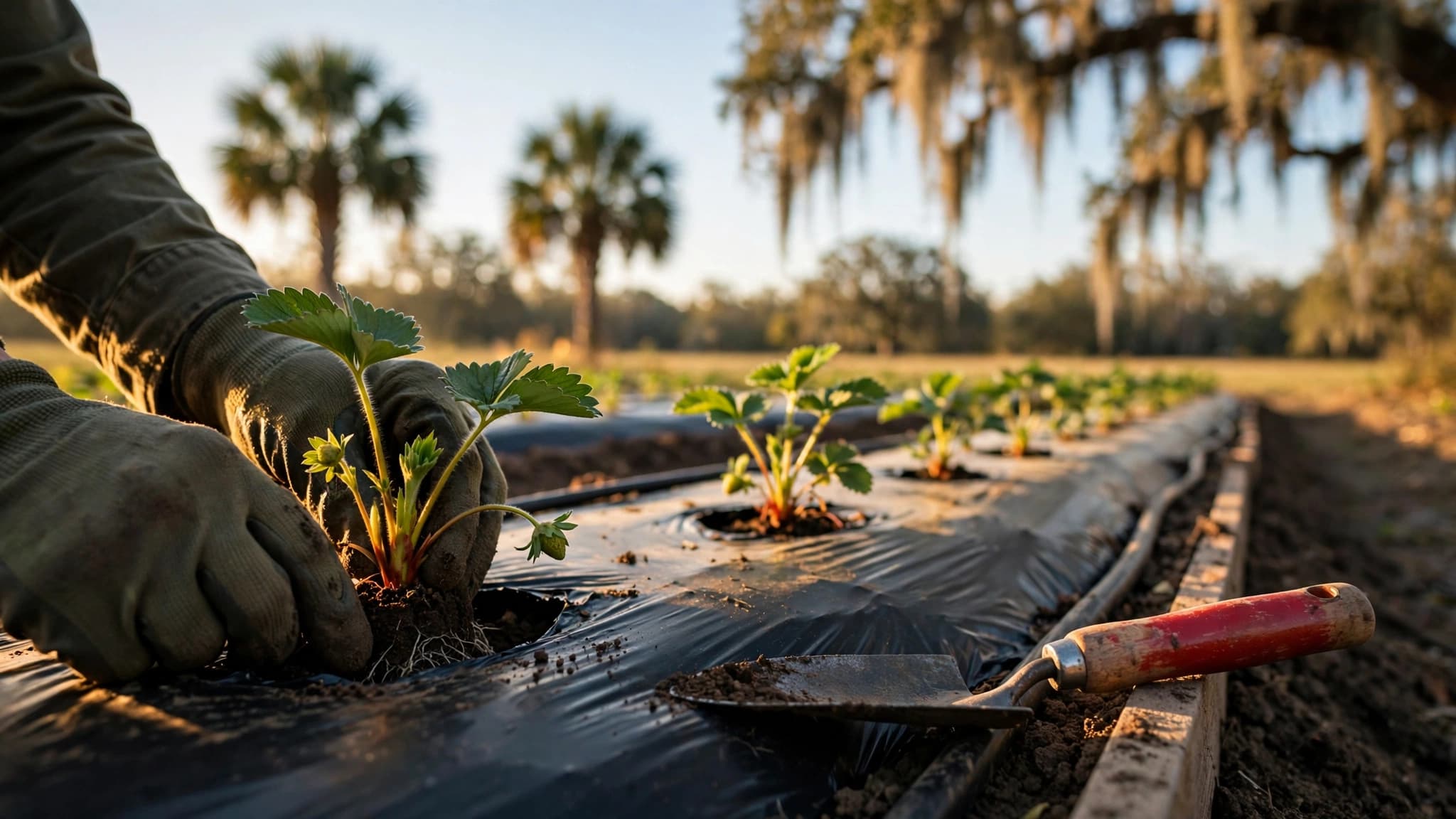 Gardener setting a leafy transplant into a raised bed, planting strawberries in fall in Florida