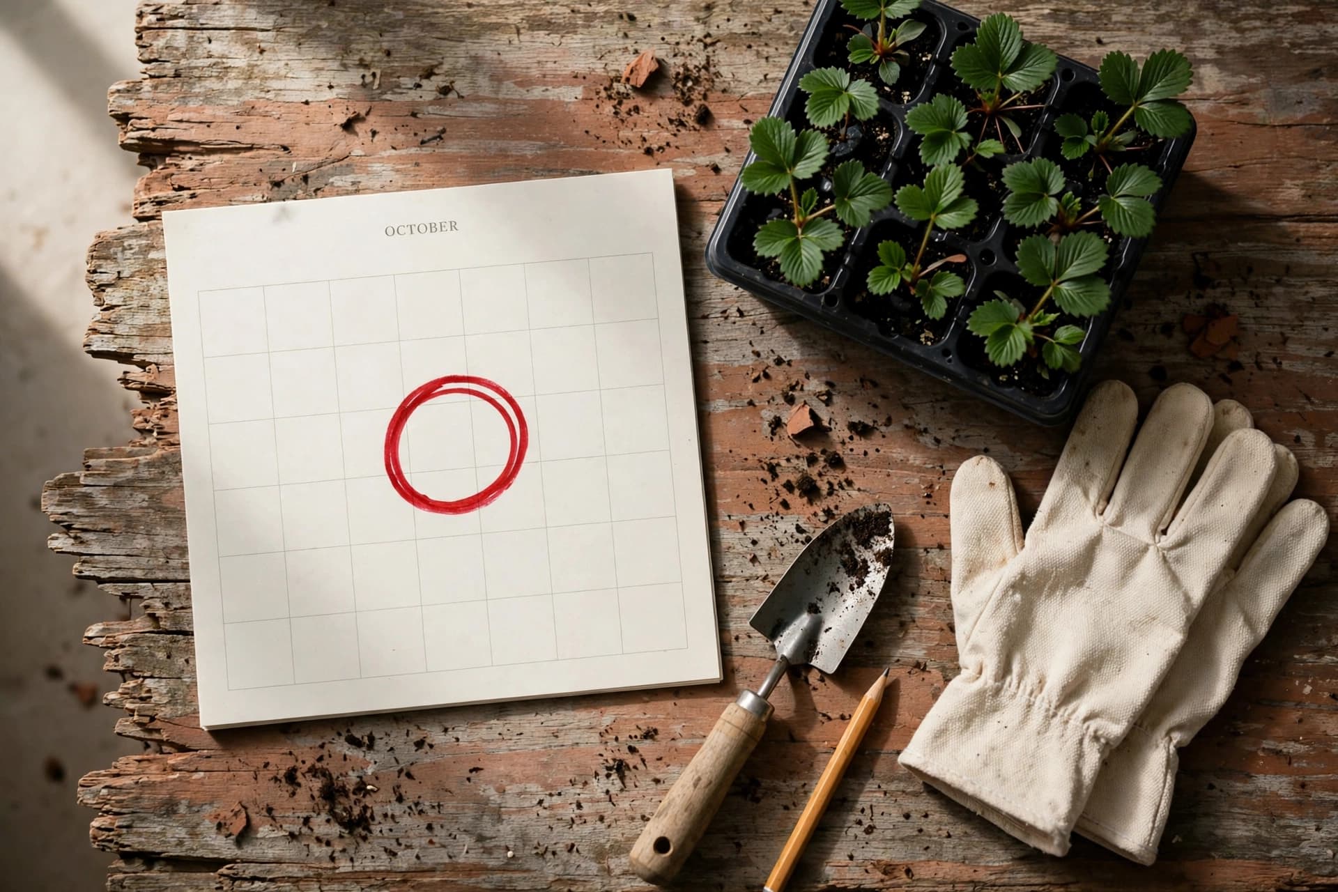 Circled date on an October calendar beside strawberry plugs, a reminder of when to plant strawberries