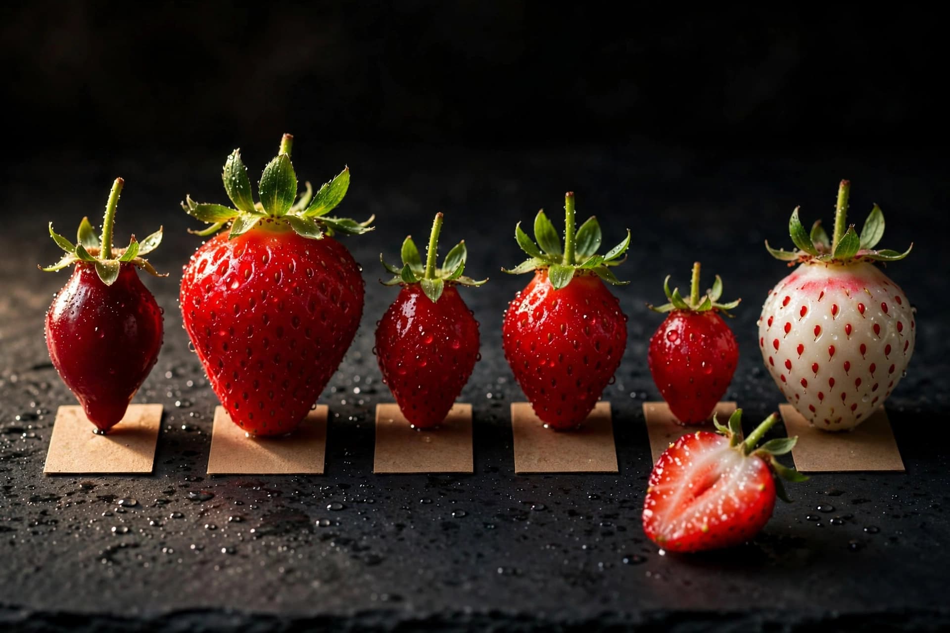 UF-bred Florida strawberry varieties side by side, including a white Florida Pearl berry with red seeds