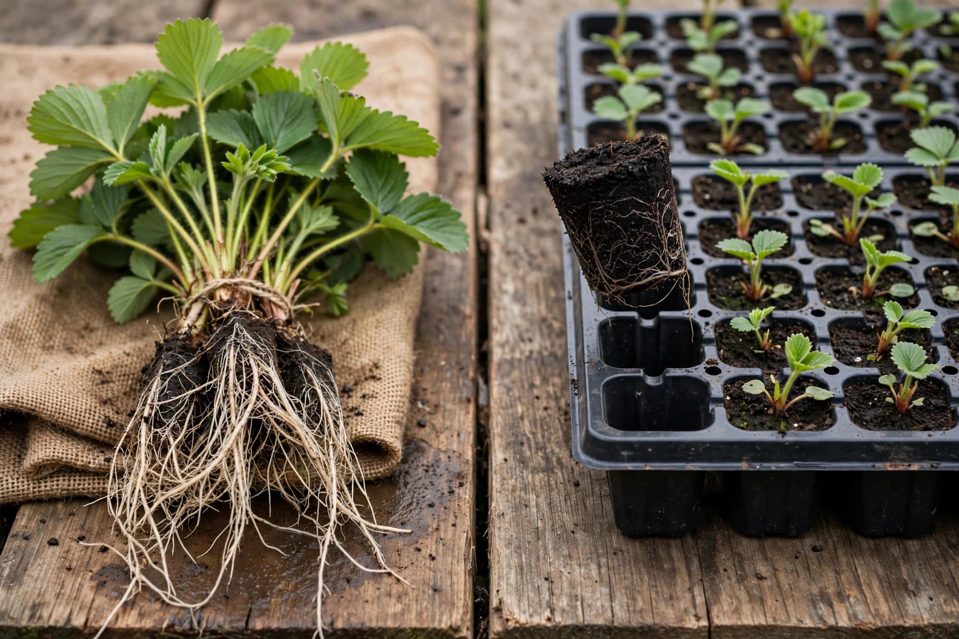 Bare root vs plug strawberry plants compared side by side on a rustic potting bench