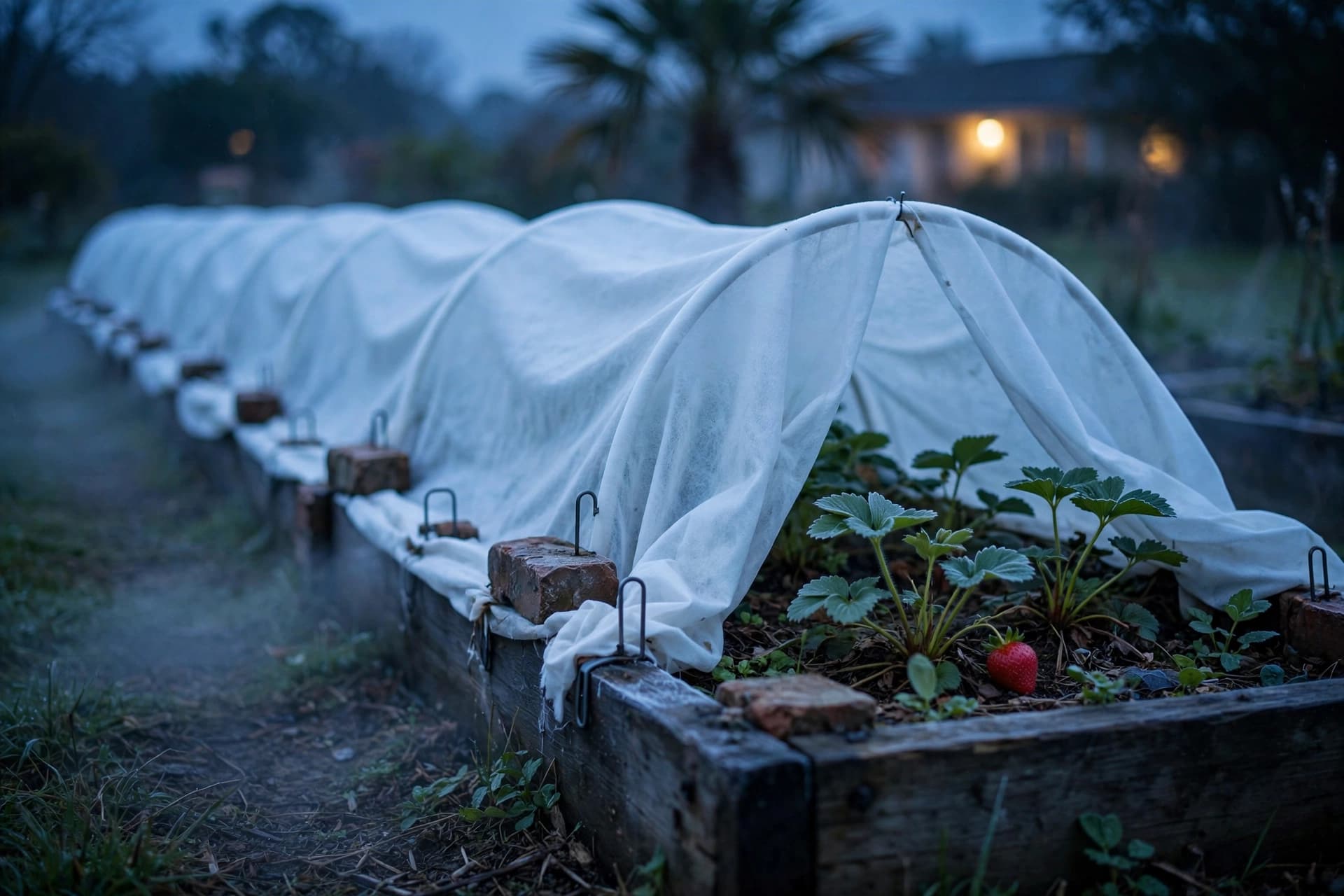 Frost cloth over a raised strawberry bed at dusk, a simple way to grow strawberries in Florida through winter