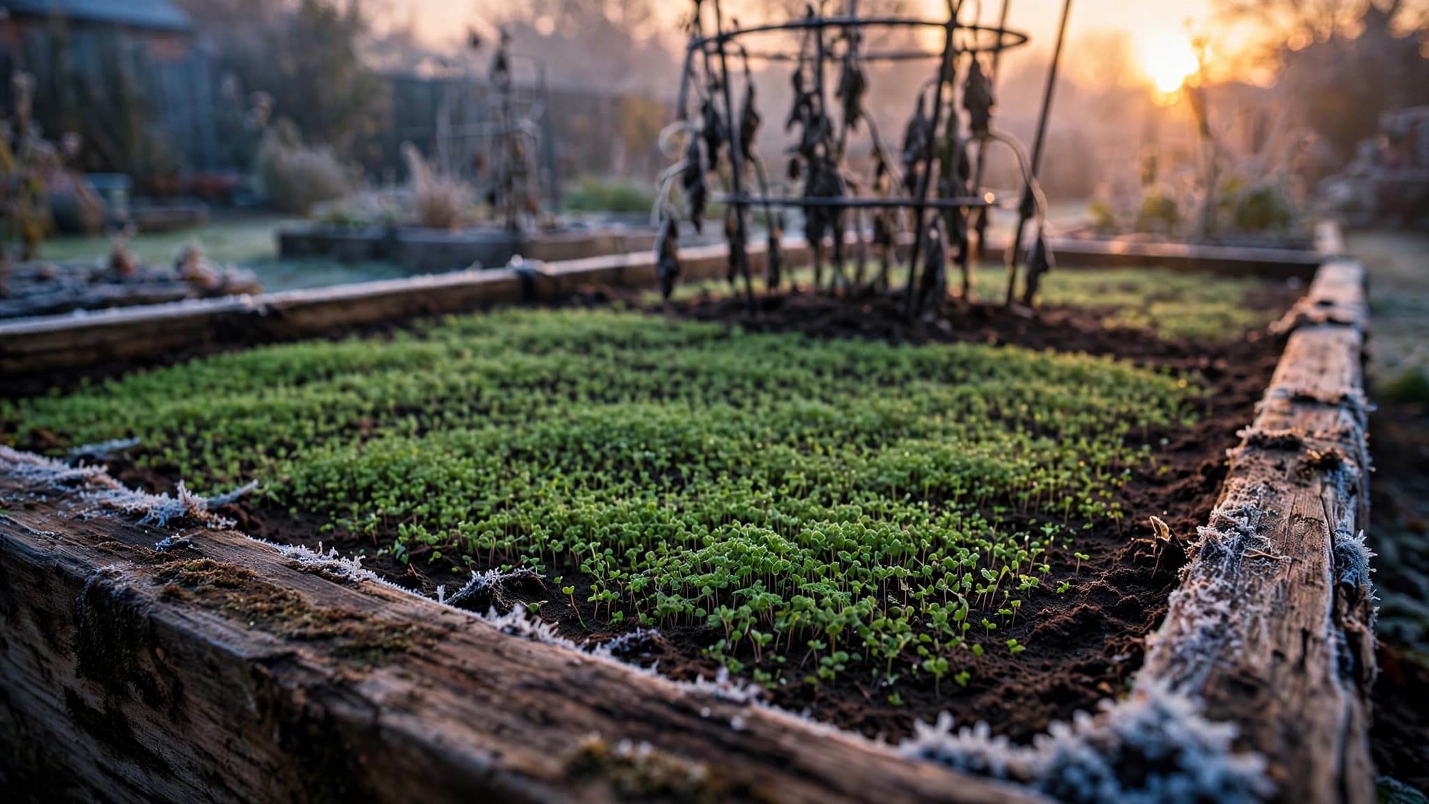 Sunrise over a vegetable bed freshly sown with fall cover crops and dusted with frost