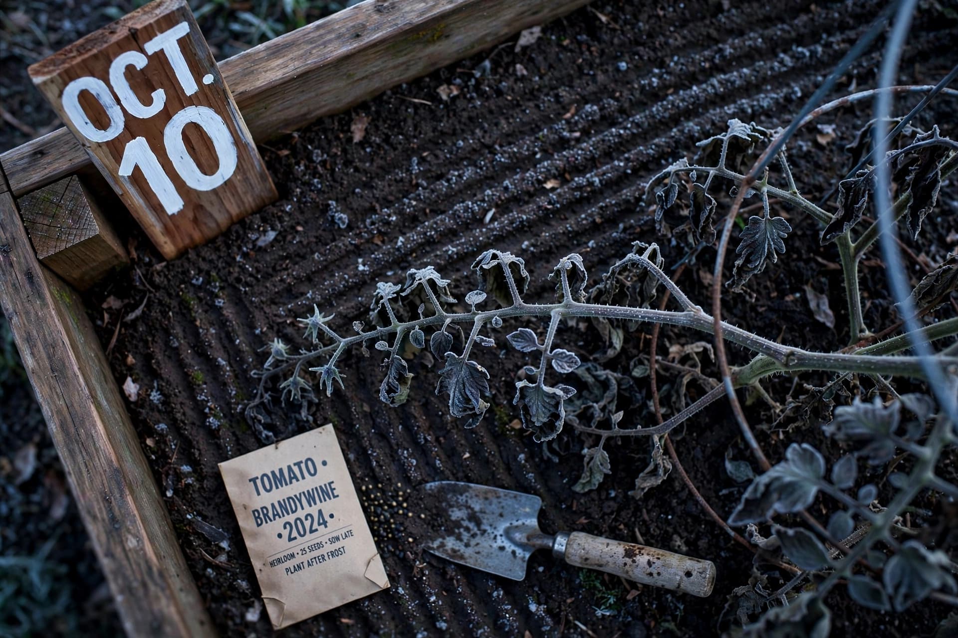 Oct. 10 stake in a garden bed marking when to plant fall cover crops beside frost-blackened tomato vines