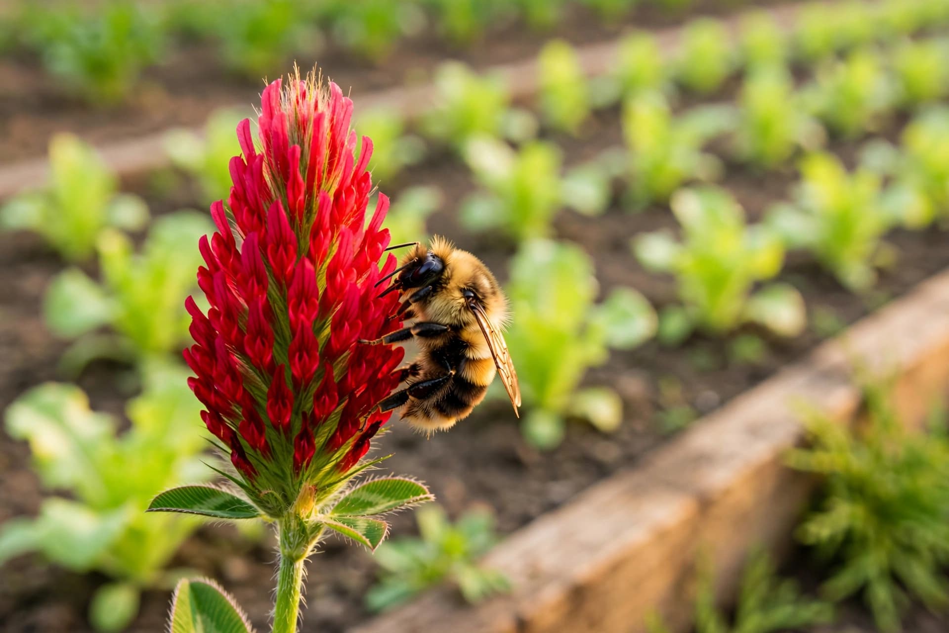 Bumblebee on a scarlet crimson clover cover crop bloom in a vegetable garden bed