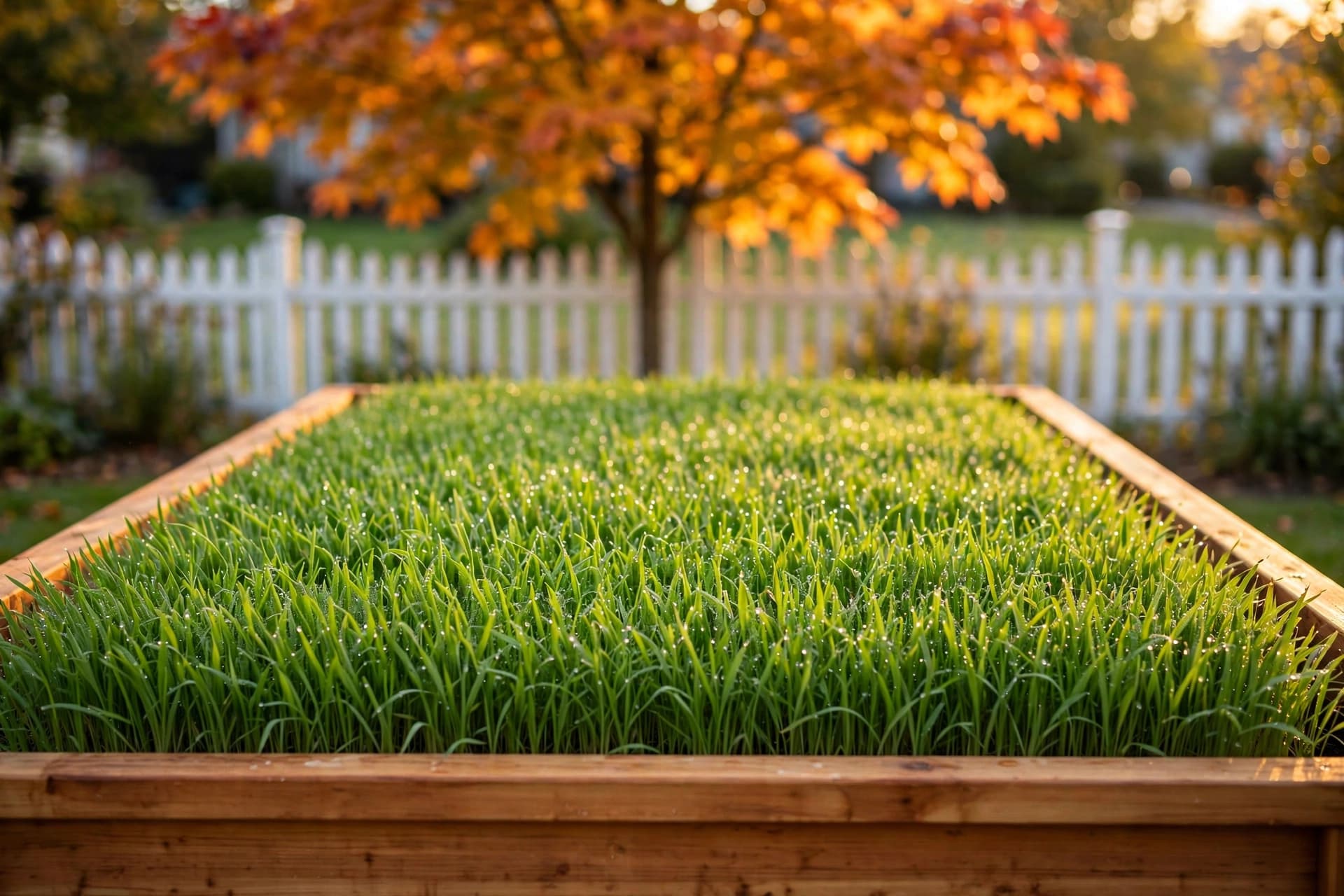 Wooden raised bed filled with bright green oat and rye seedlings, showing cover crops for raised beds