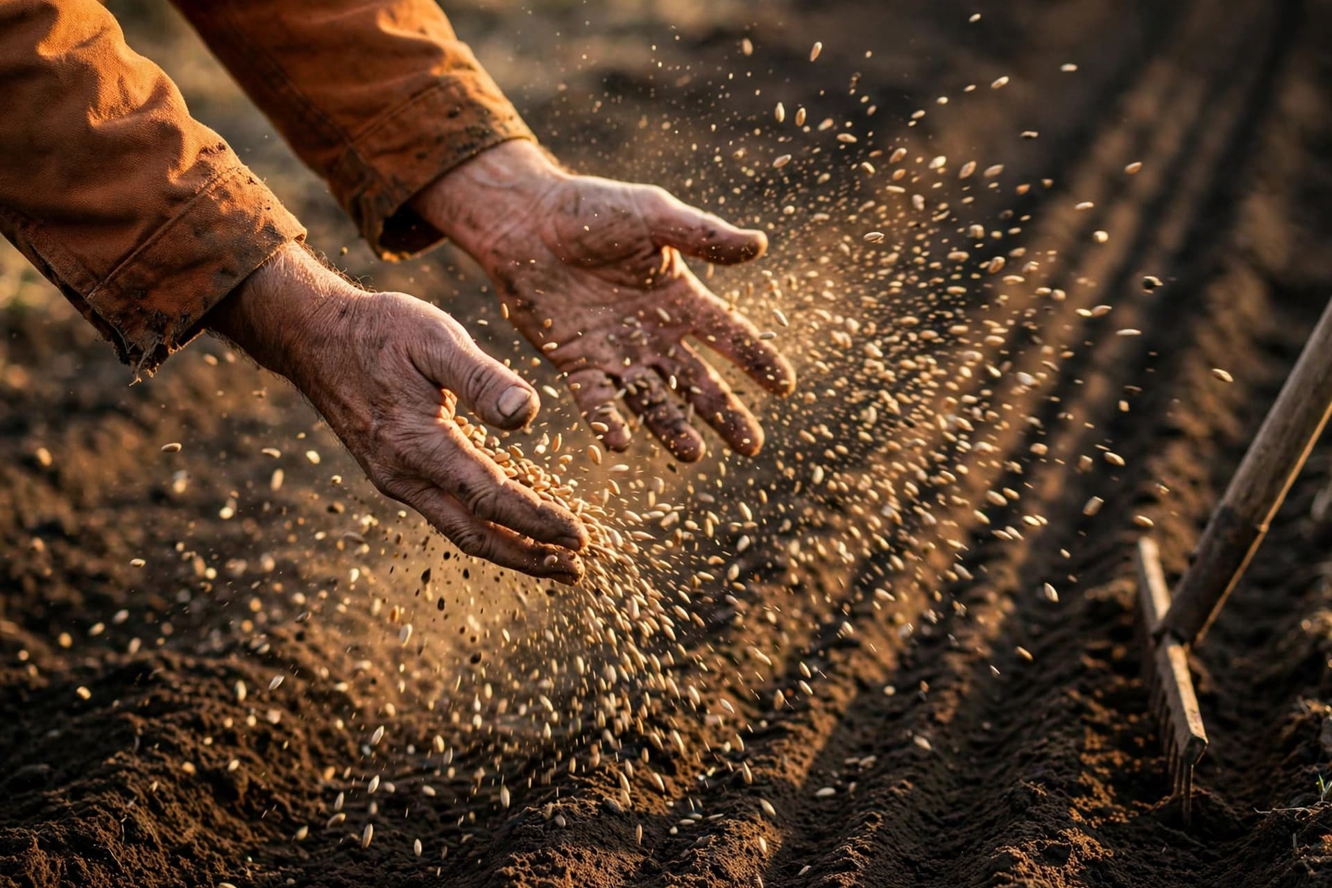 Gardener broadcasting cover crop seed by hand over a freshly raked vegetable bed at golden hour