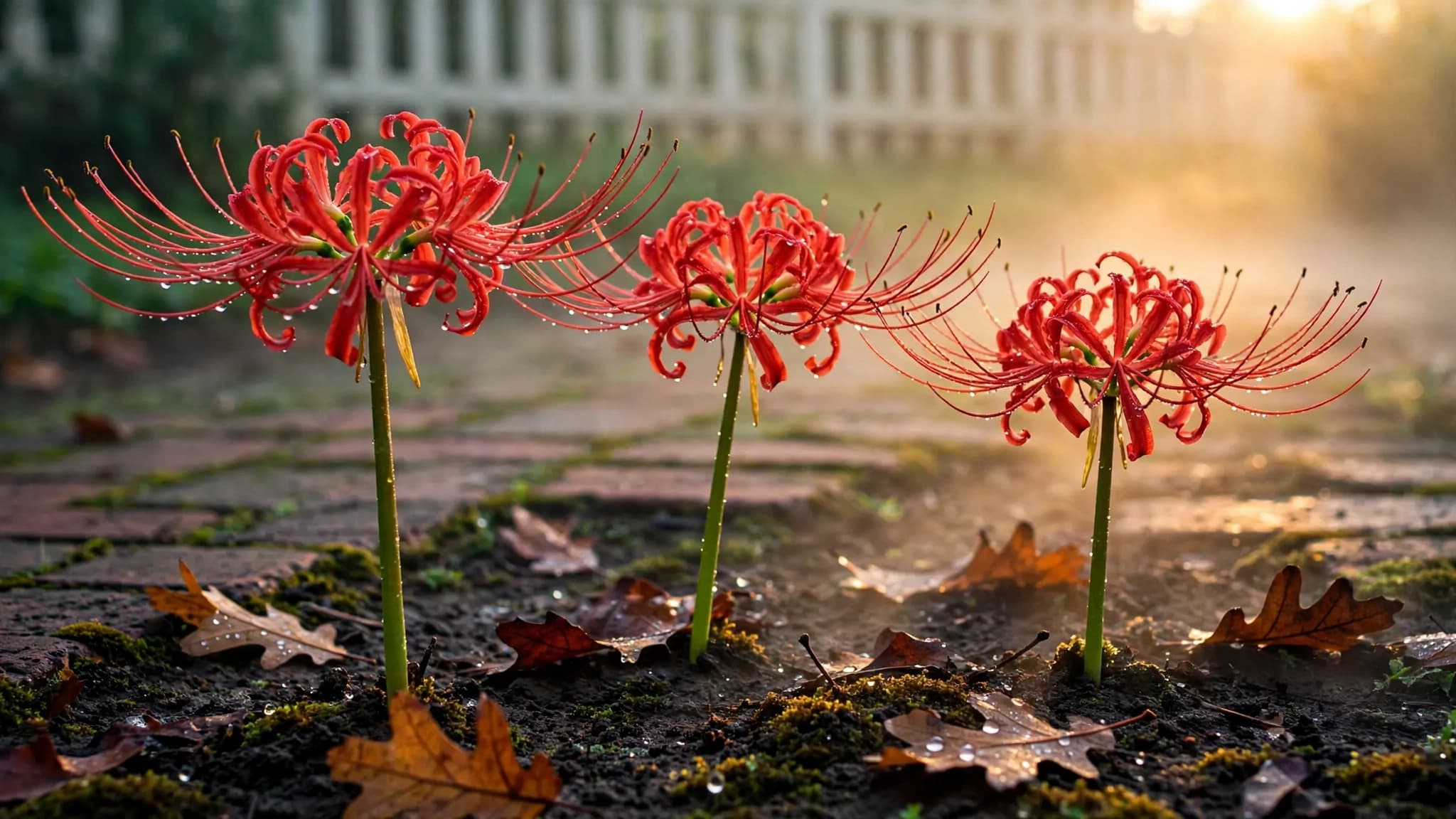 Red spider lilies blooming on leafless stalks in a fall garden bed at sunrise