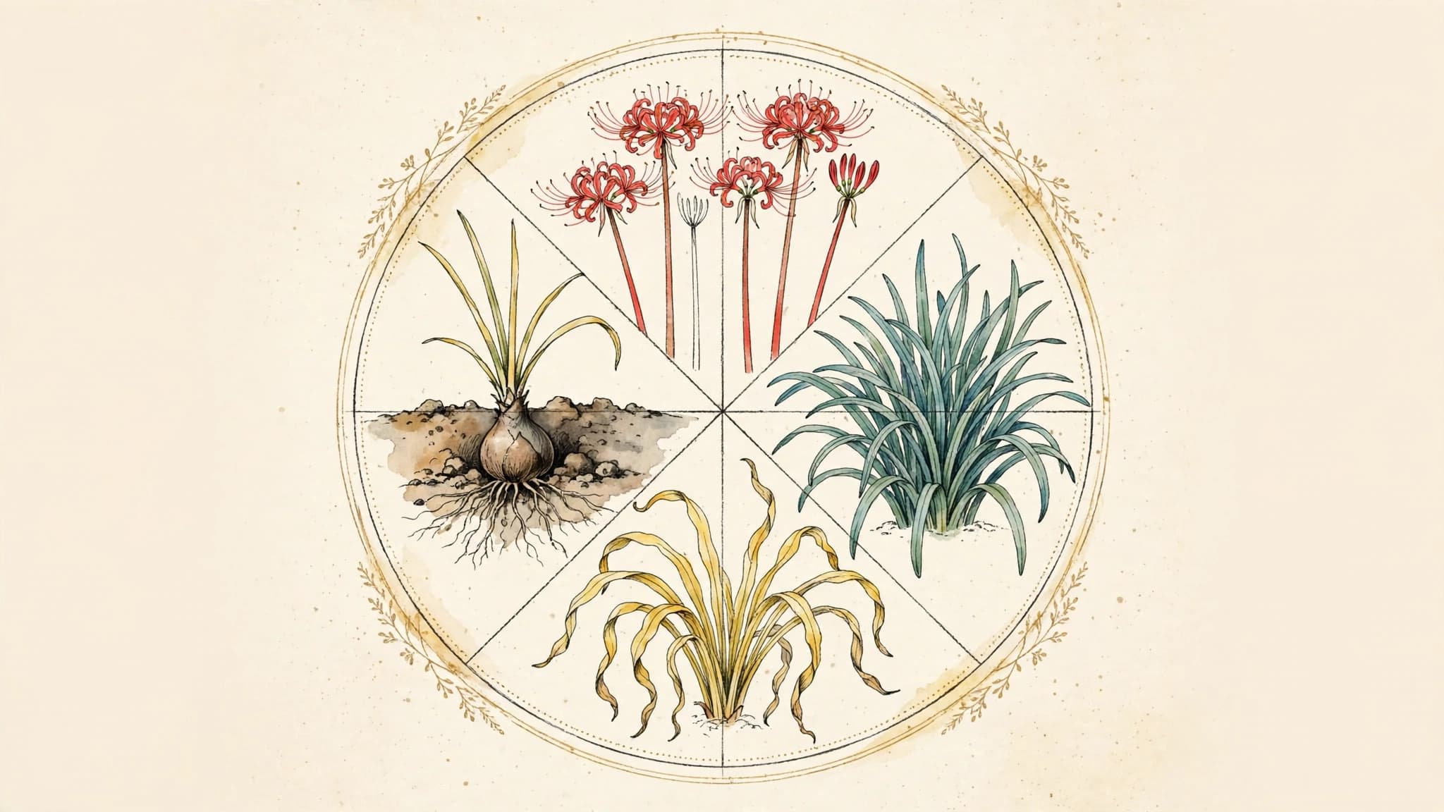 Seasonal cycle diagram showing why spider lilies bloom before their leaves appear