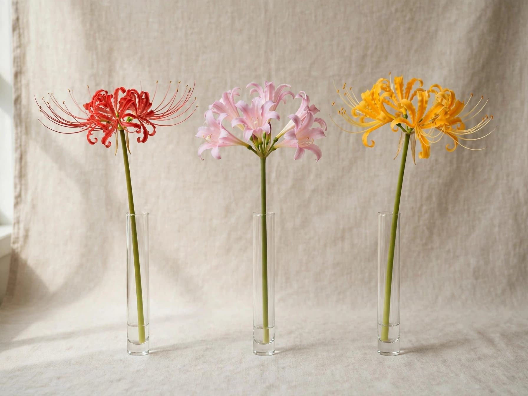 Red, pink, and golden Lycoris stems side by side comparing spider, surprise, and hurricane lilies
