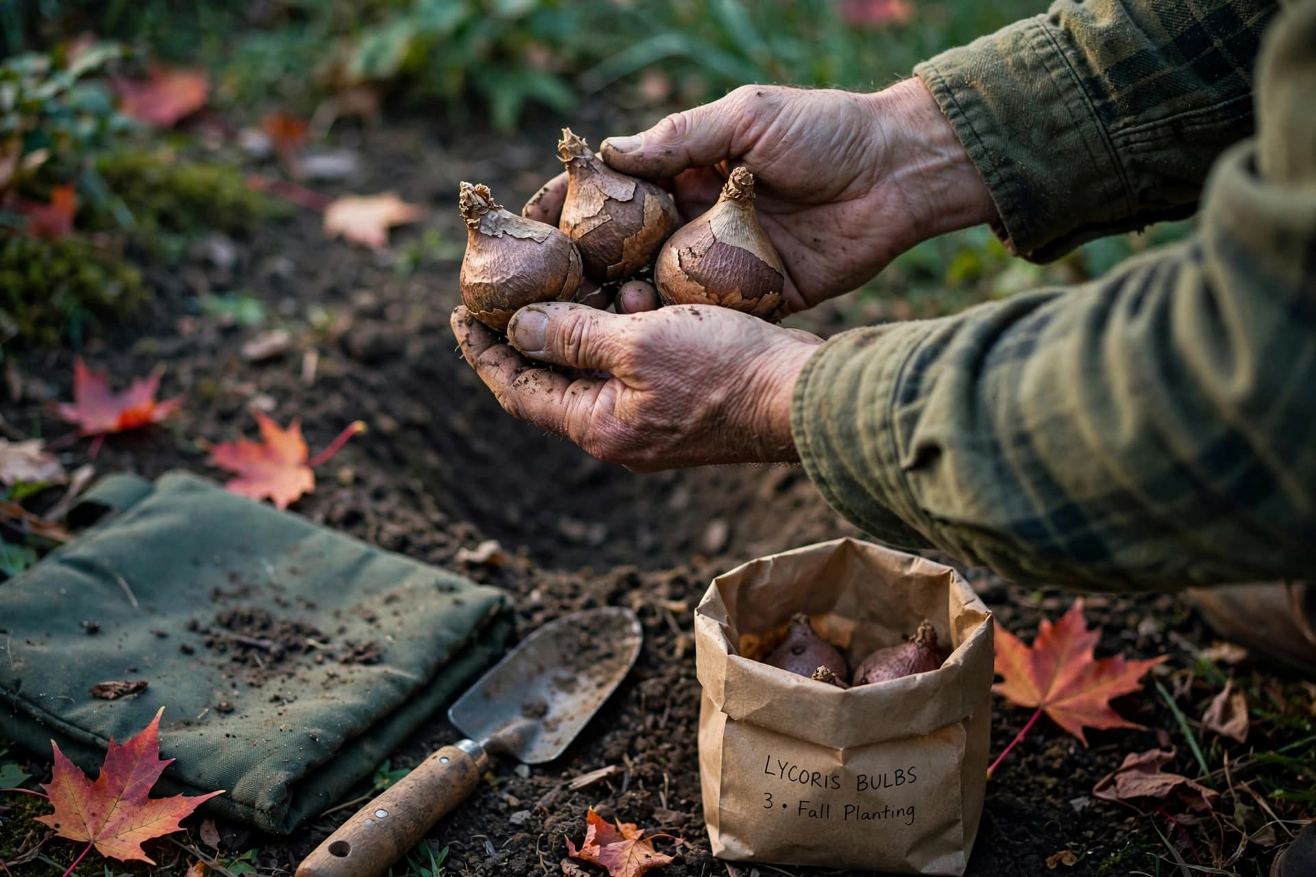 Gardener's hands holding lycoris bulbs ready for fall planting beside a prepared garden bed