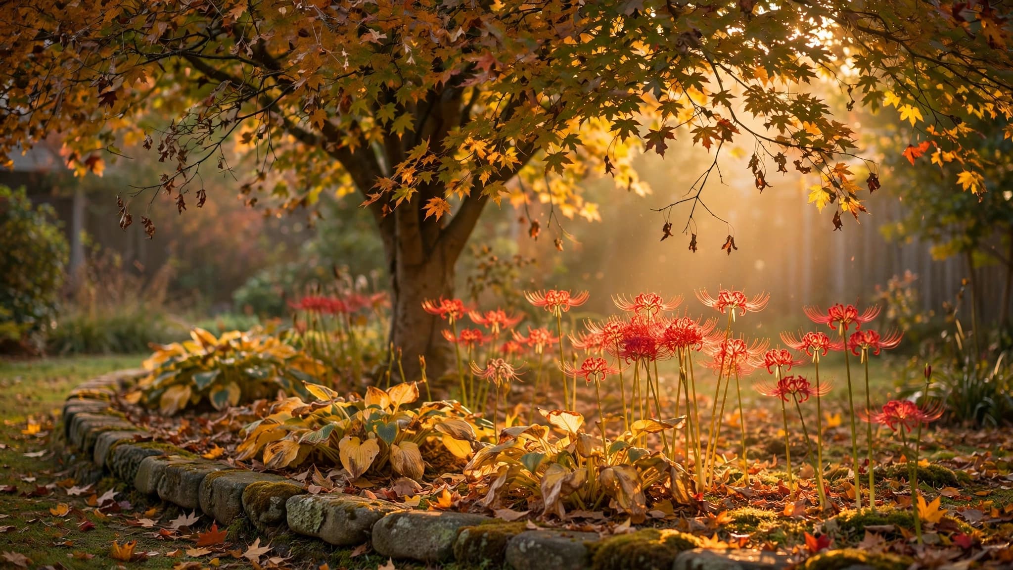 Spider lilies glowing in dappled light beneath a deciduous tree, showing a sun-and-shade planting spot