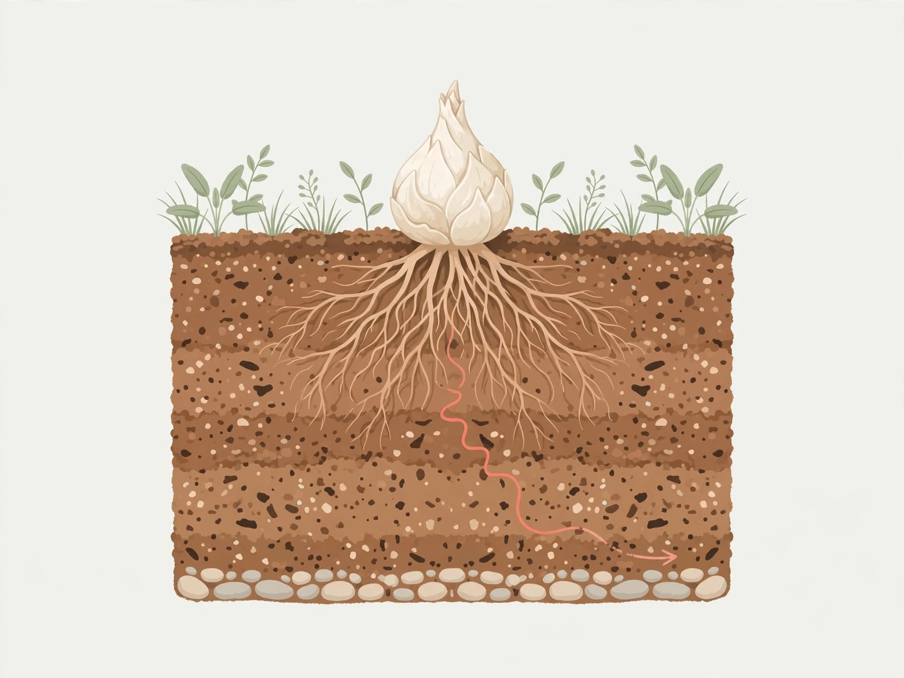 Cutaway illustration of a lycoris bulb planted with its neck at the soil surface in well-drained soil