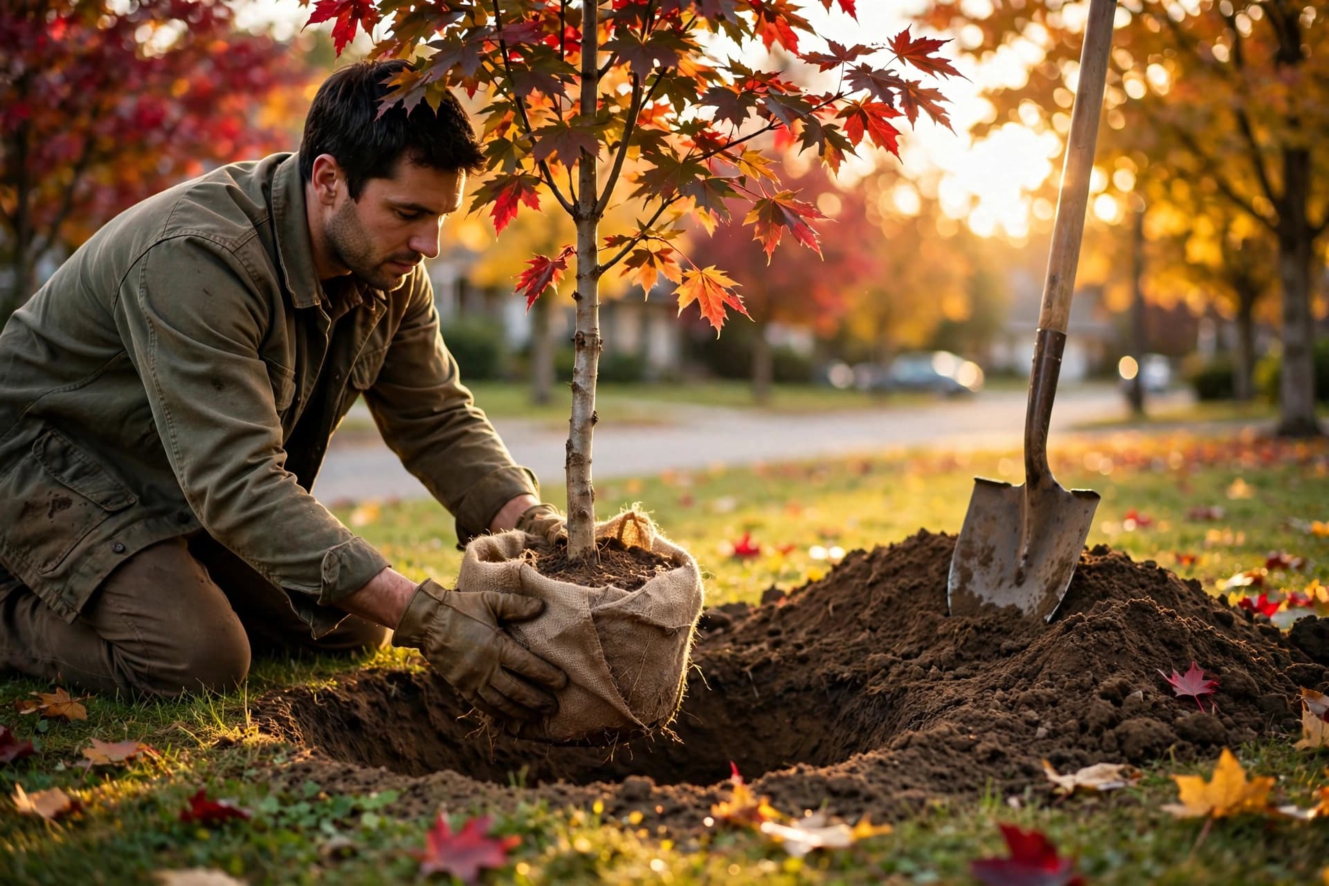 Gardener kneeling beside a young maple in golden October light, a classic fall tree planting scene