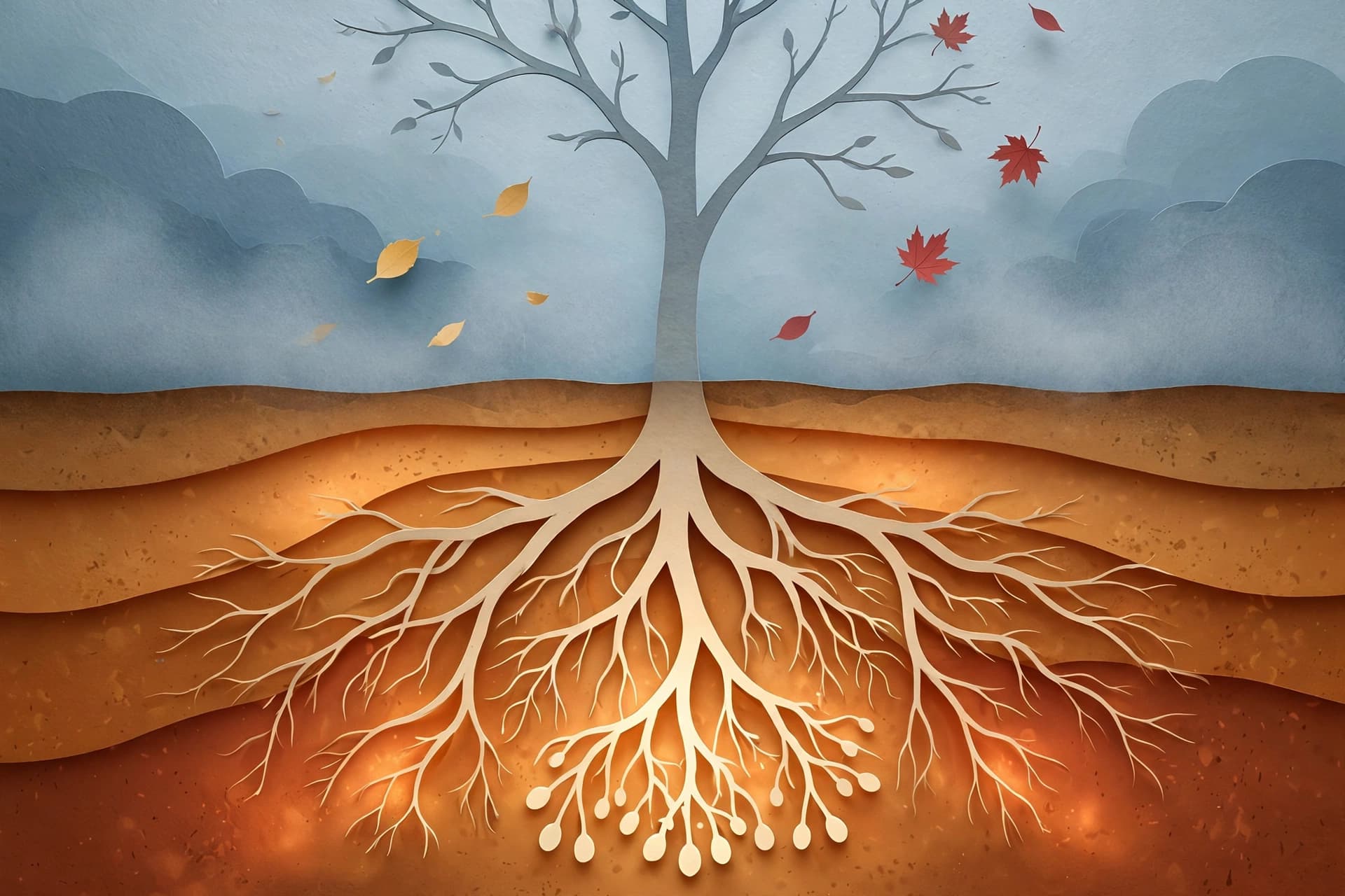 Cutaway of warm autumn soil showing a newly planted tree's roots spreading outward