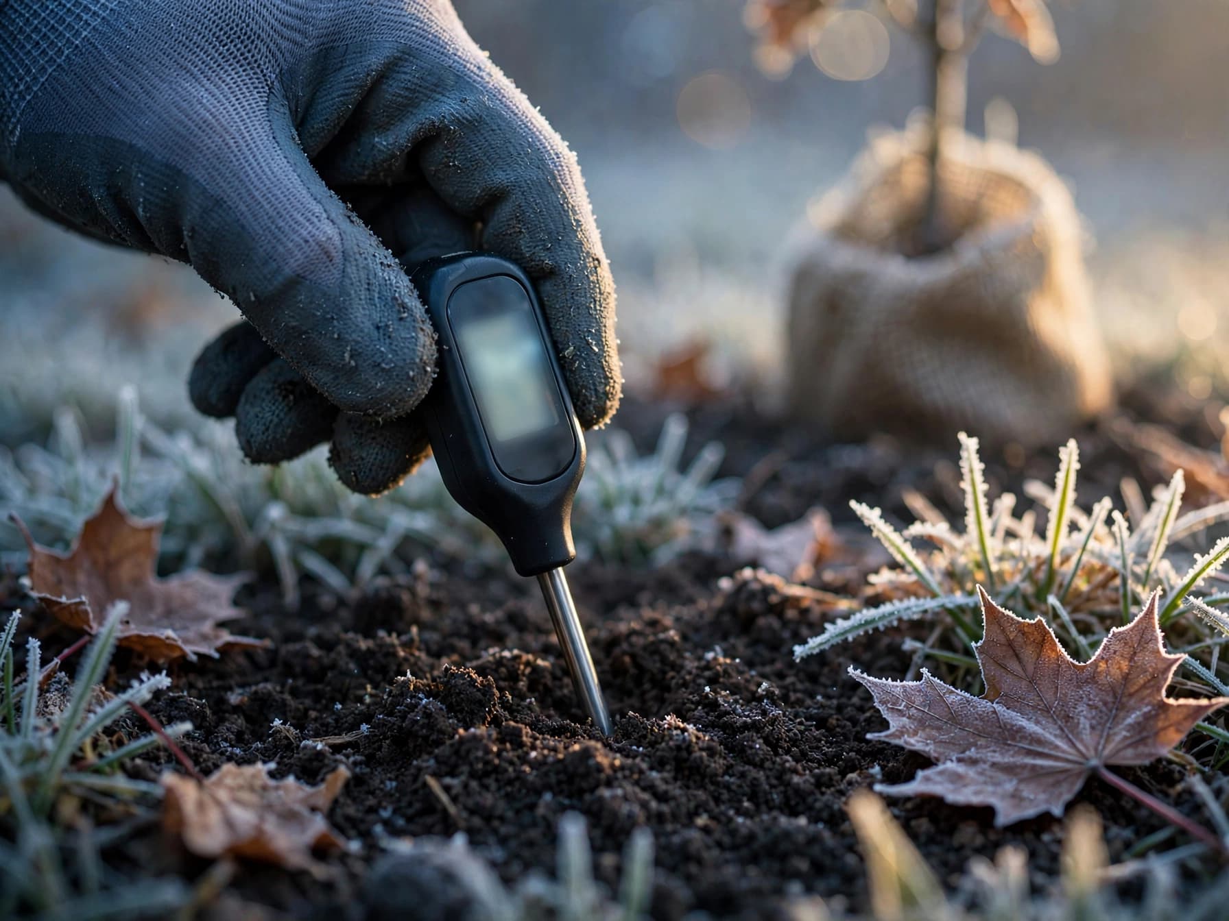 Hand pressing a soil thermometer into the ground beside frosty fallen leaves before fall planting