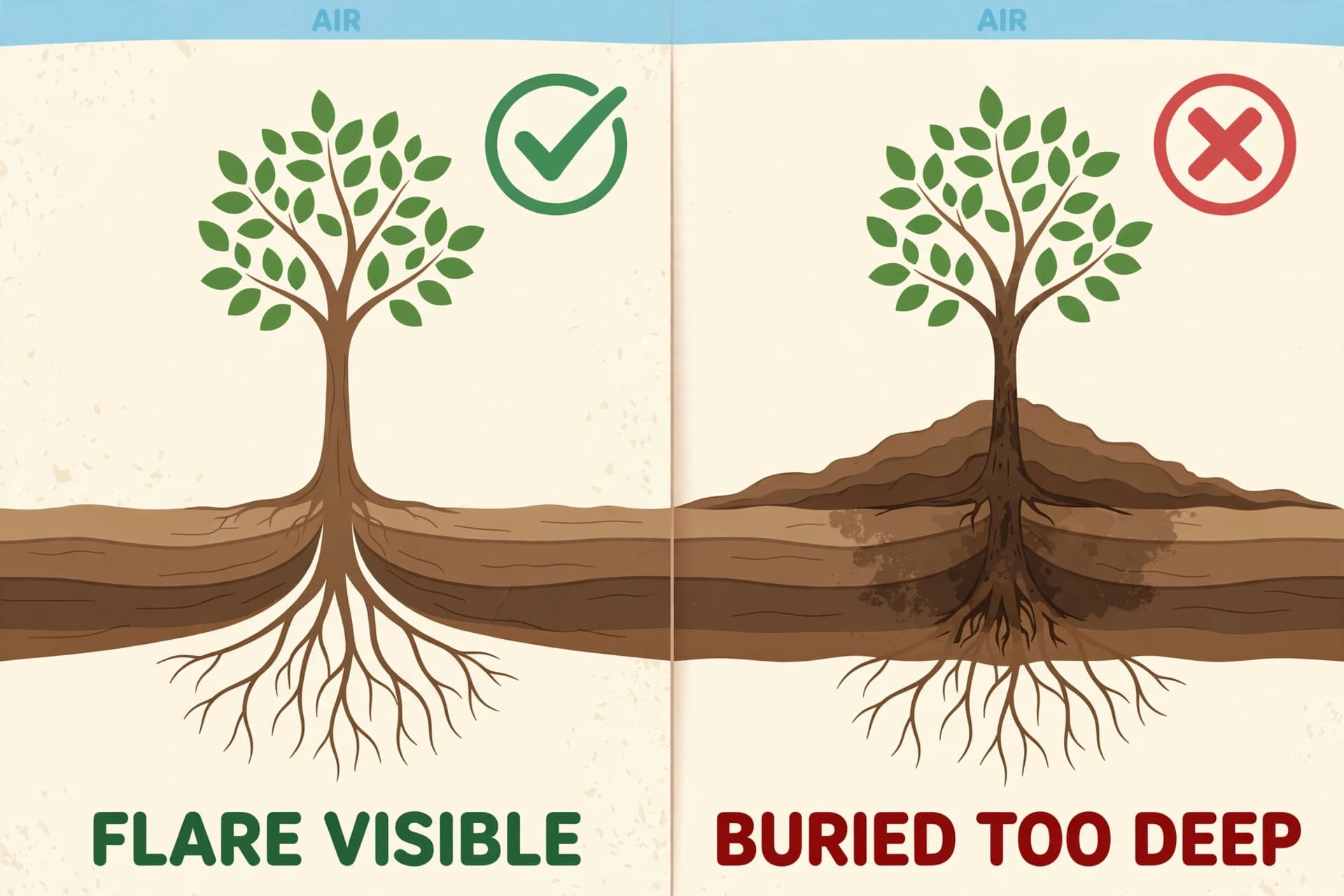 Cross-section diagram showing a tree trunk flare above the soil line versus a flare buried too deep