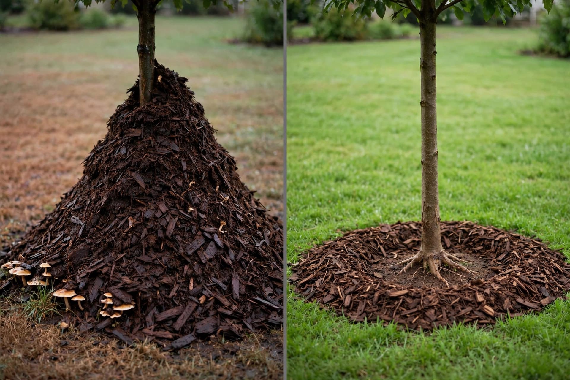 Side-by-side comparison of a cone-shaped mulch mound and a correct flat mulch ring around a young tree