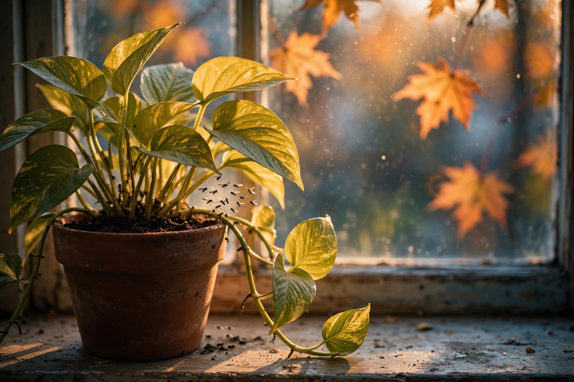 Fungus gnats in houseplants hovering above a pothos pot on a sunny windowsill in October