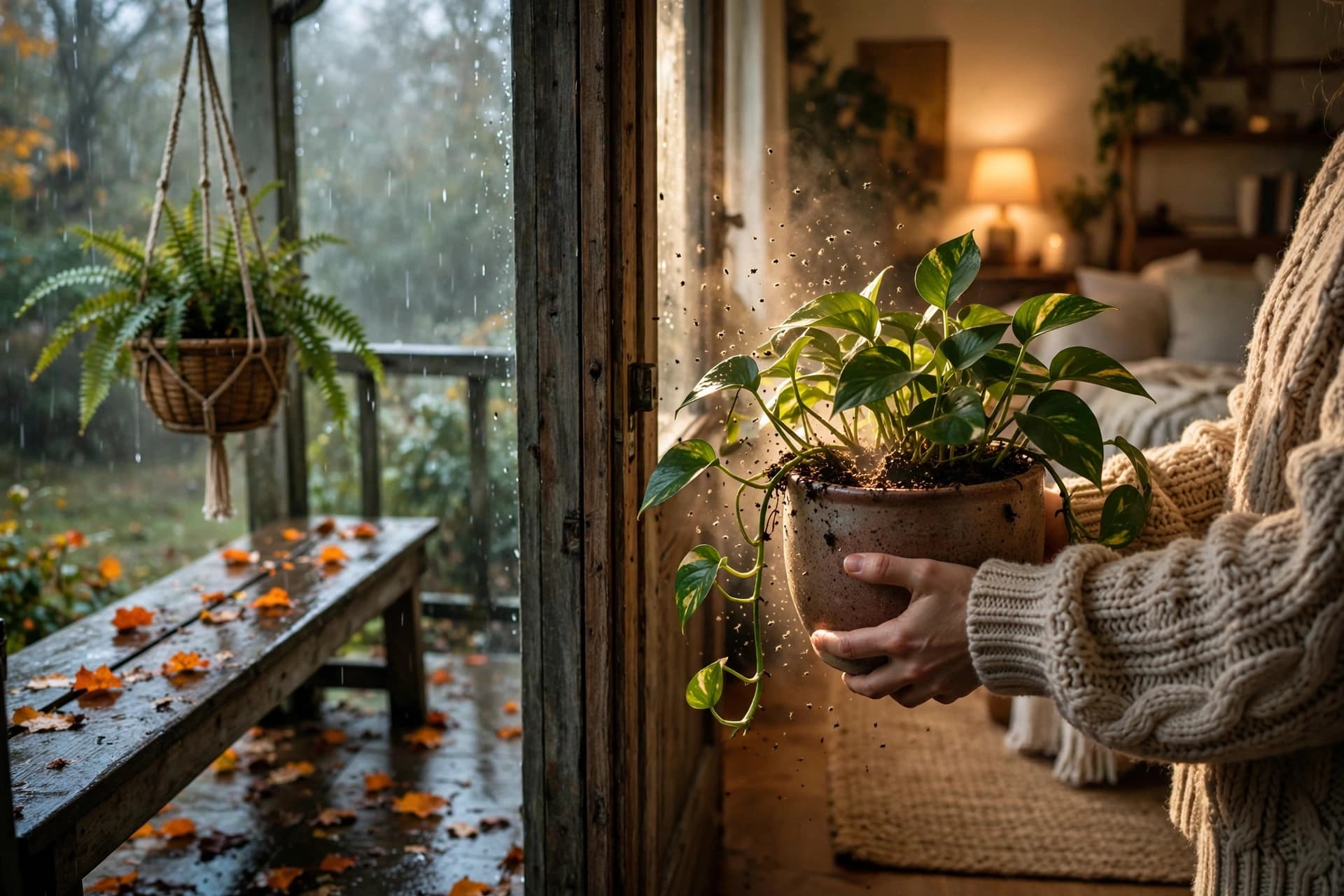 Potted pothos and ferns carried indoors from a porch, a common way fungus gnats enter houseplants