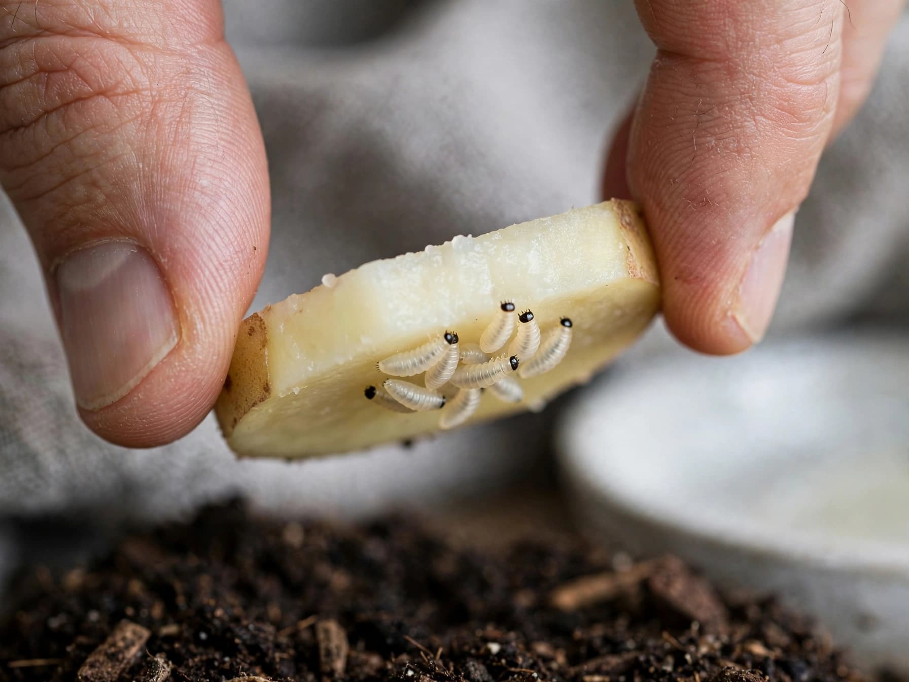 Raw potato slice lifted from a pot to reveal fungus gnat larvae in soil during a simple test