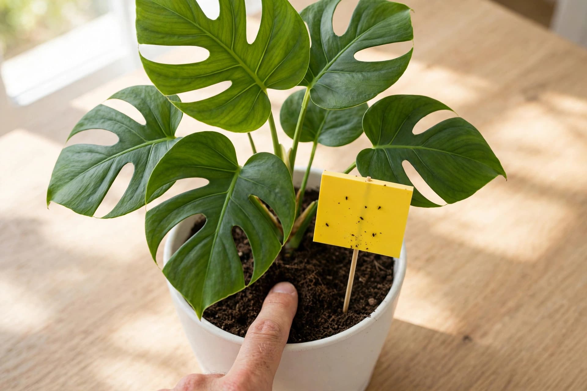 Yellow sticky trap in a houseplant pot catching adult fungus gnats while a finger checks soil dryness