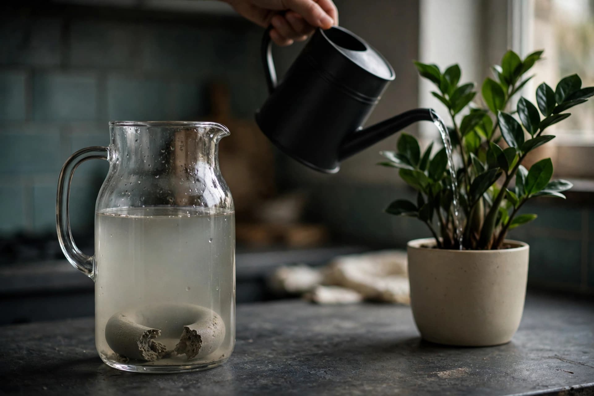 Watering can with a Bti dunk piece soaking, ready for a soil drench against fungus gnats in houseplants