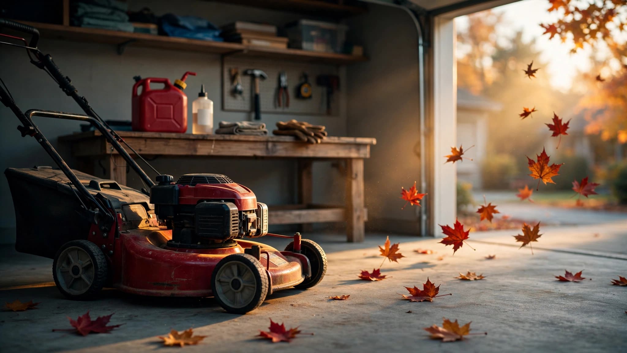 Push mower and gas can in a tidy garage, an autumn setup for winterizing outdoor power equipment