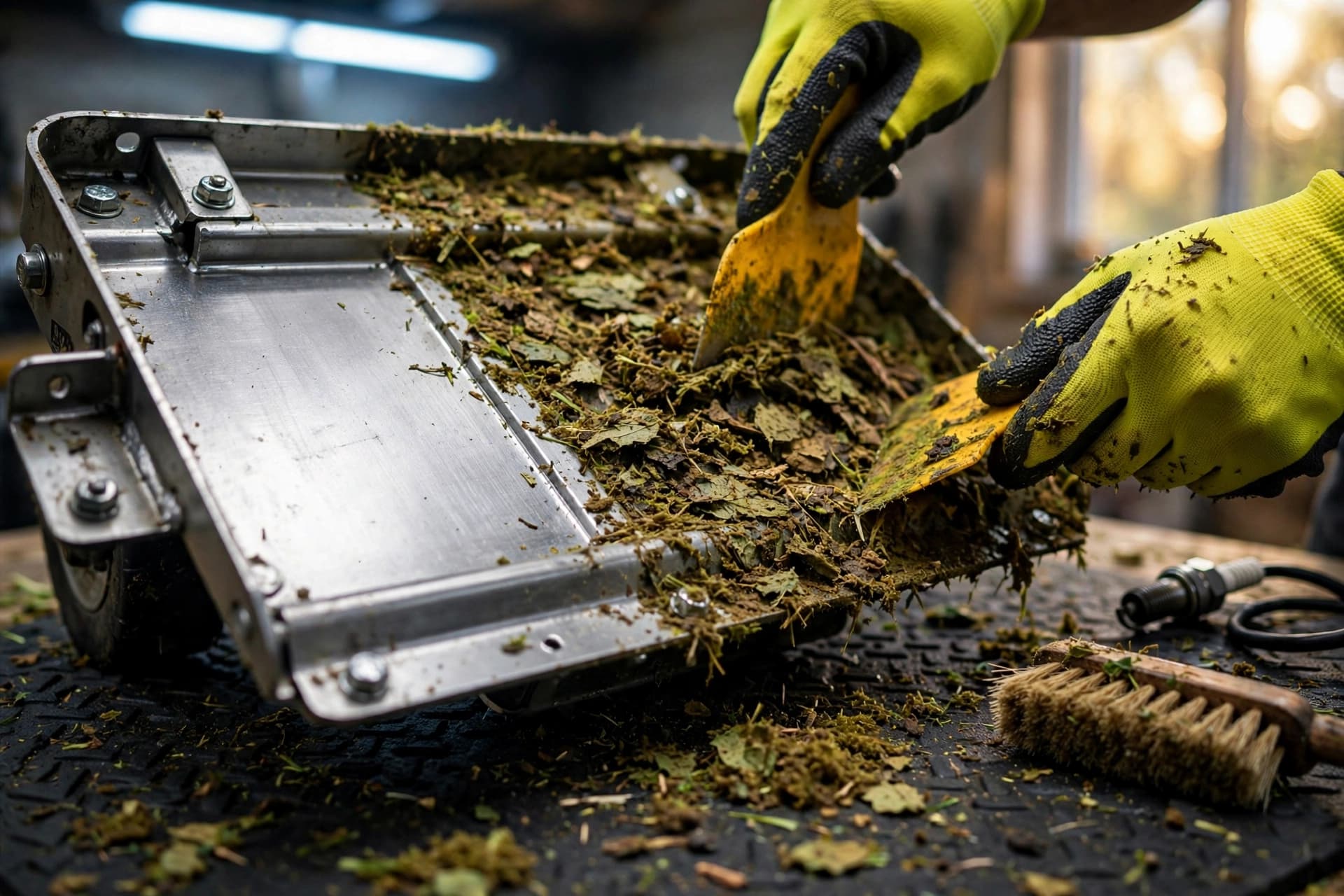 Gloved hands scraping packed grass from a lawn mower deck with a plastic scraper before storage
