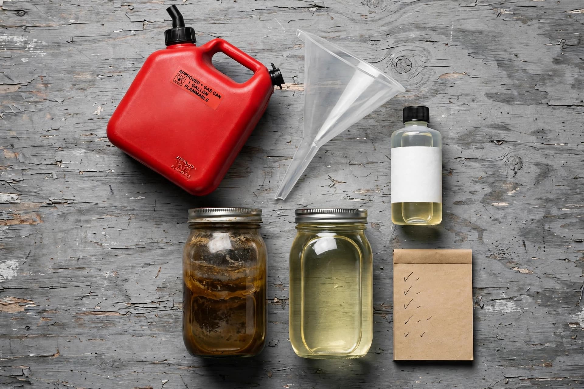 Red gas can, funnel and fuel stabilizer bottle on a workbench, ready for small engine storage