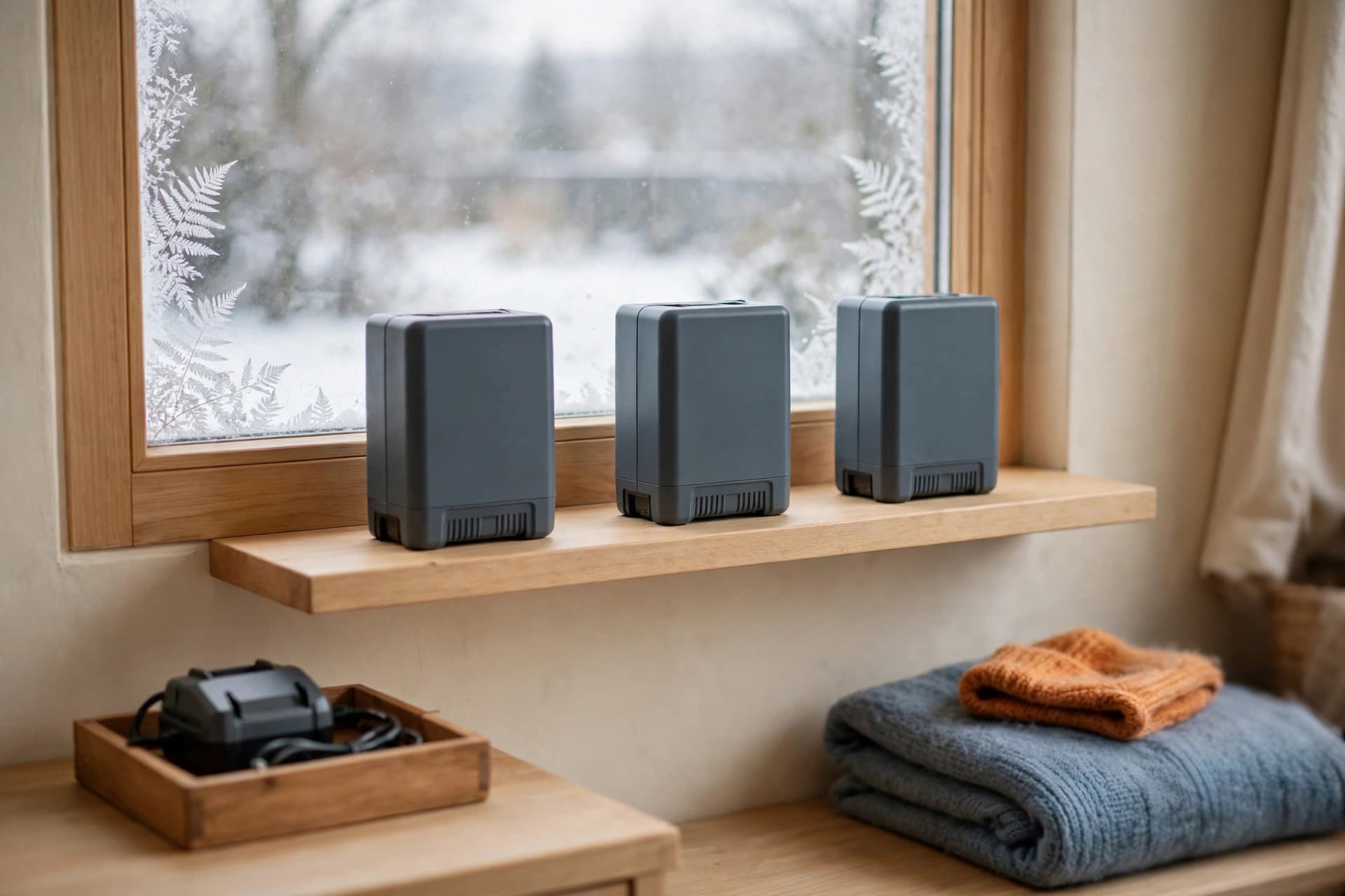 Lithium-ion tool batteries on a wooden shelf indoors, stored away from metal for the winter