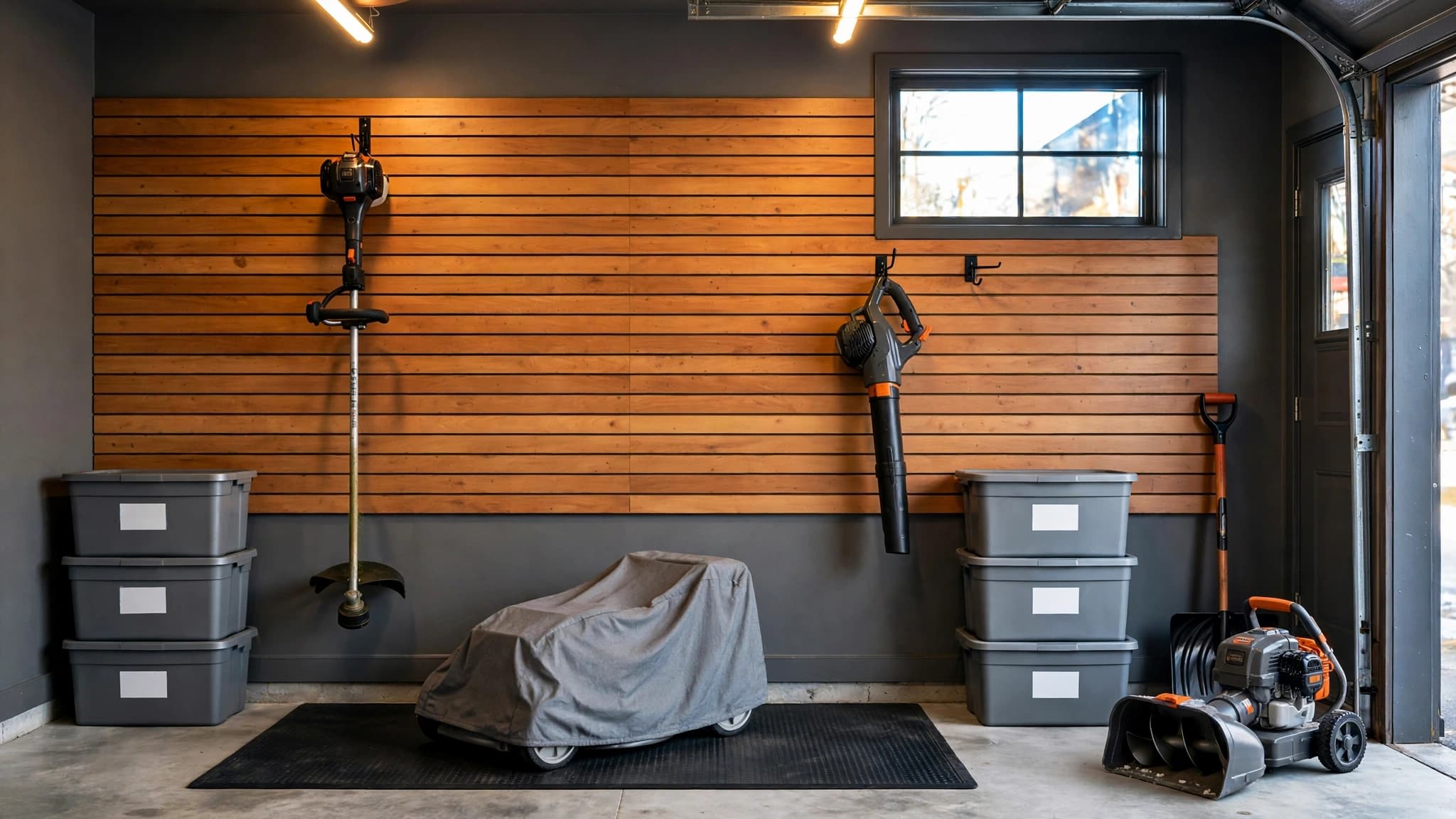 Hanging string trimmer and leaf blower on garage hooks beside a covered mower for winter storage