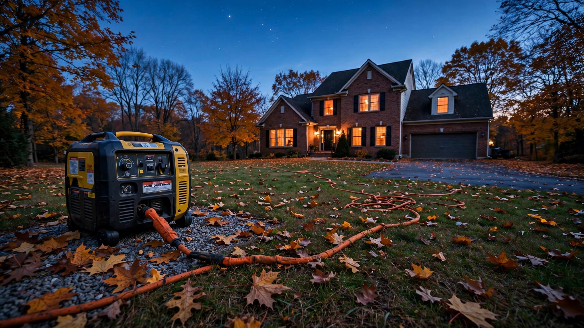 Portable generator on a gravel pad far from a house with an orange outdoor-rated extension cord