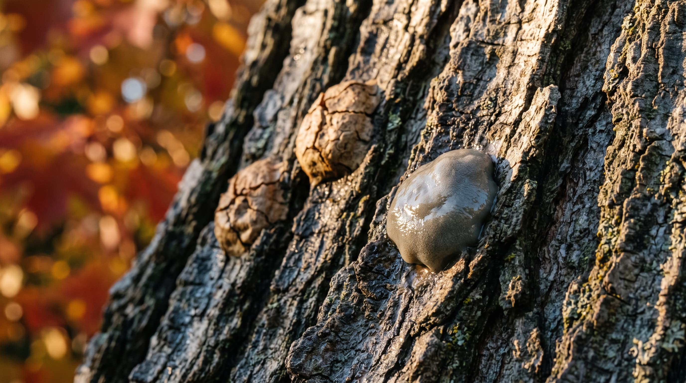 Gray, mud-like spotted lanternfly egg masses on maple bark in soft October light