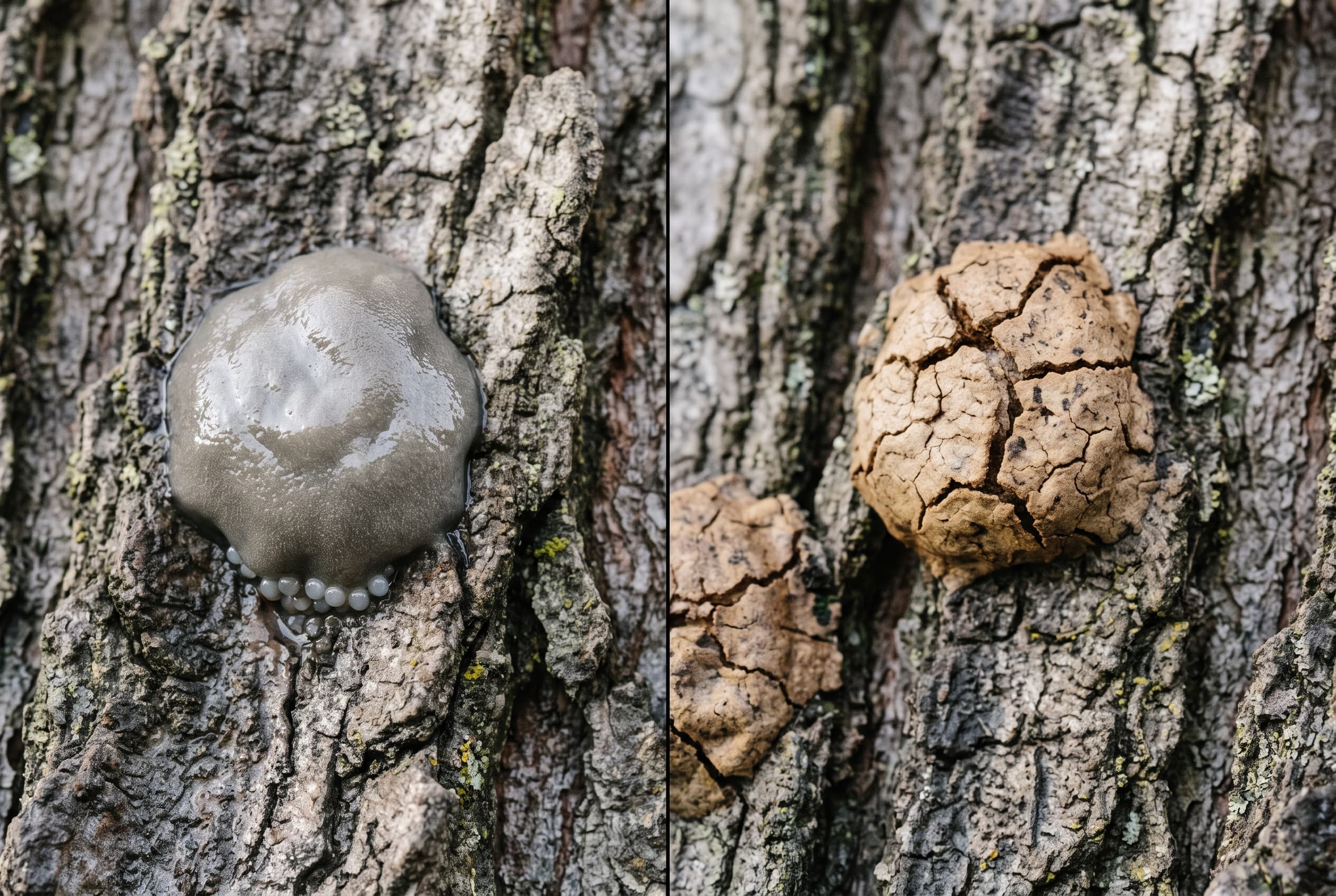 Side-by-side comparison of fresh shiny and weathered cracked spotted lanternfly egg masses on bark