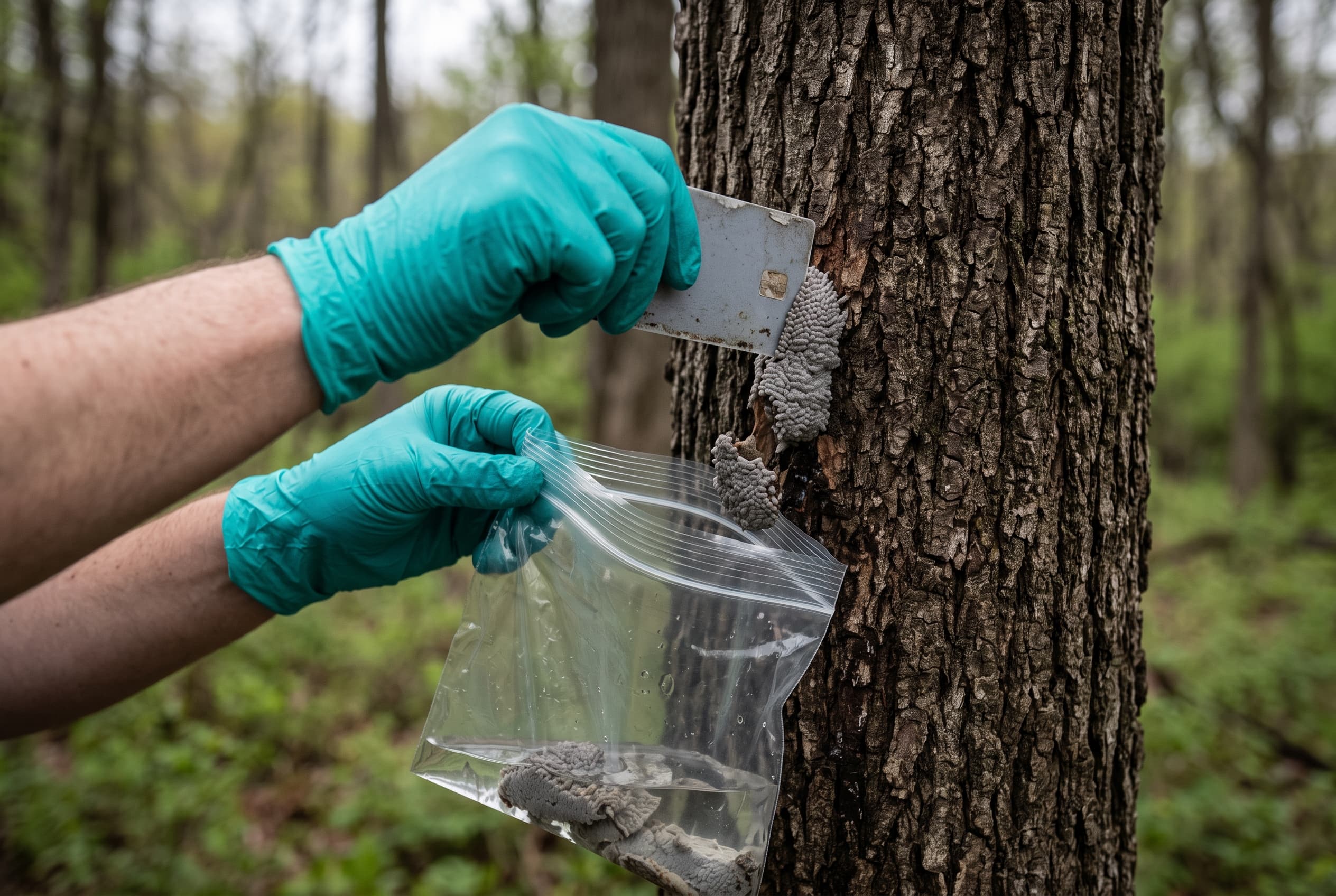 Gloved hand scraping spotted lanternfly egg masses into a zipper bag of rubbing alcohol