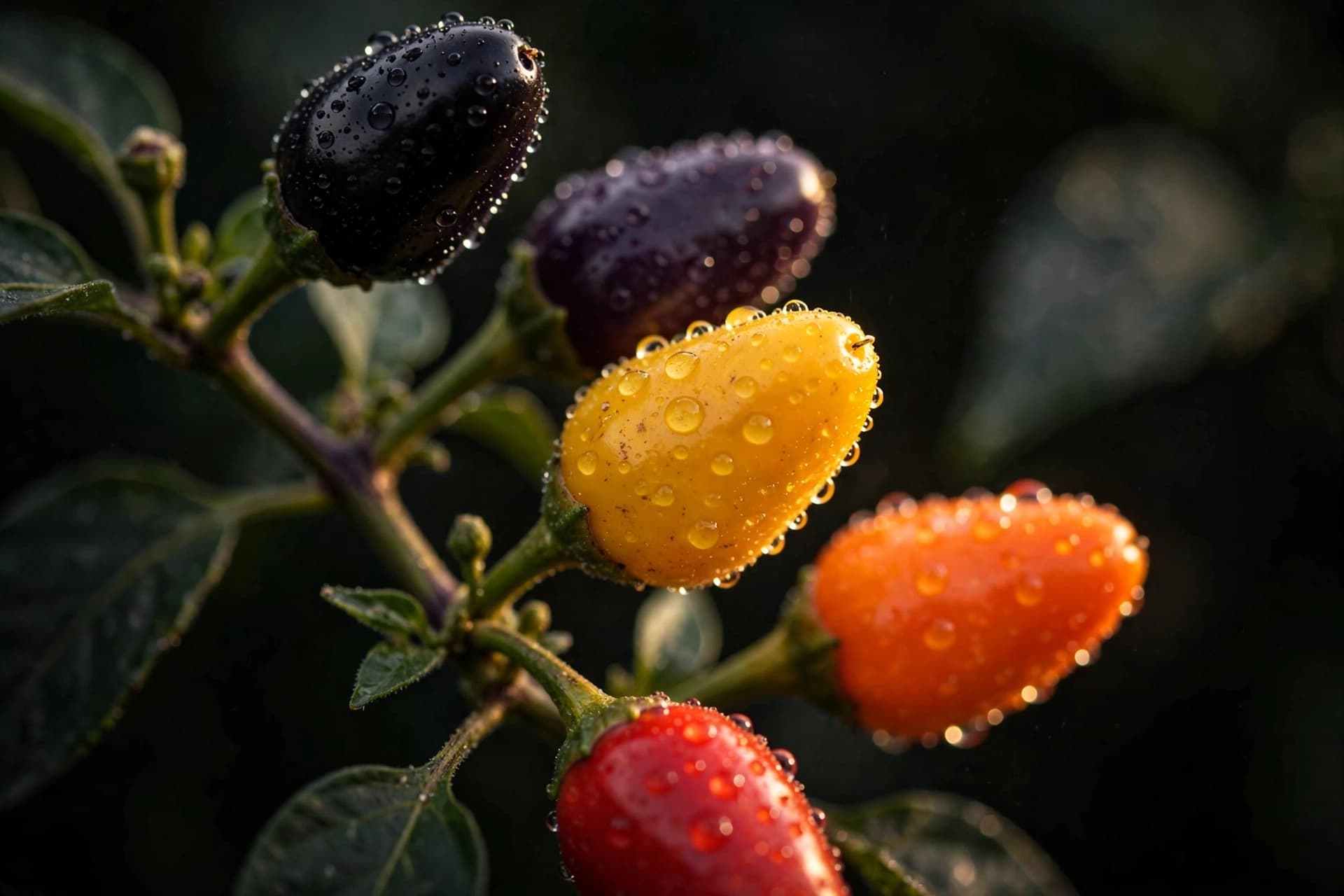 Close-up of ornamental pepper fruits ripening from black to purple to orange to red on one branch
