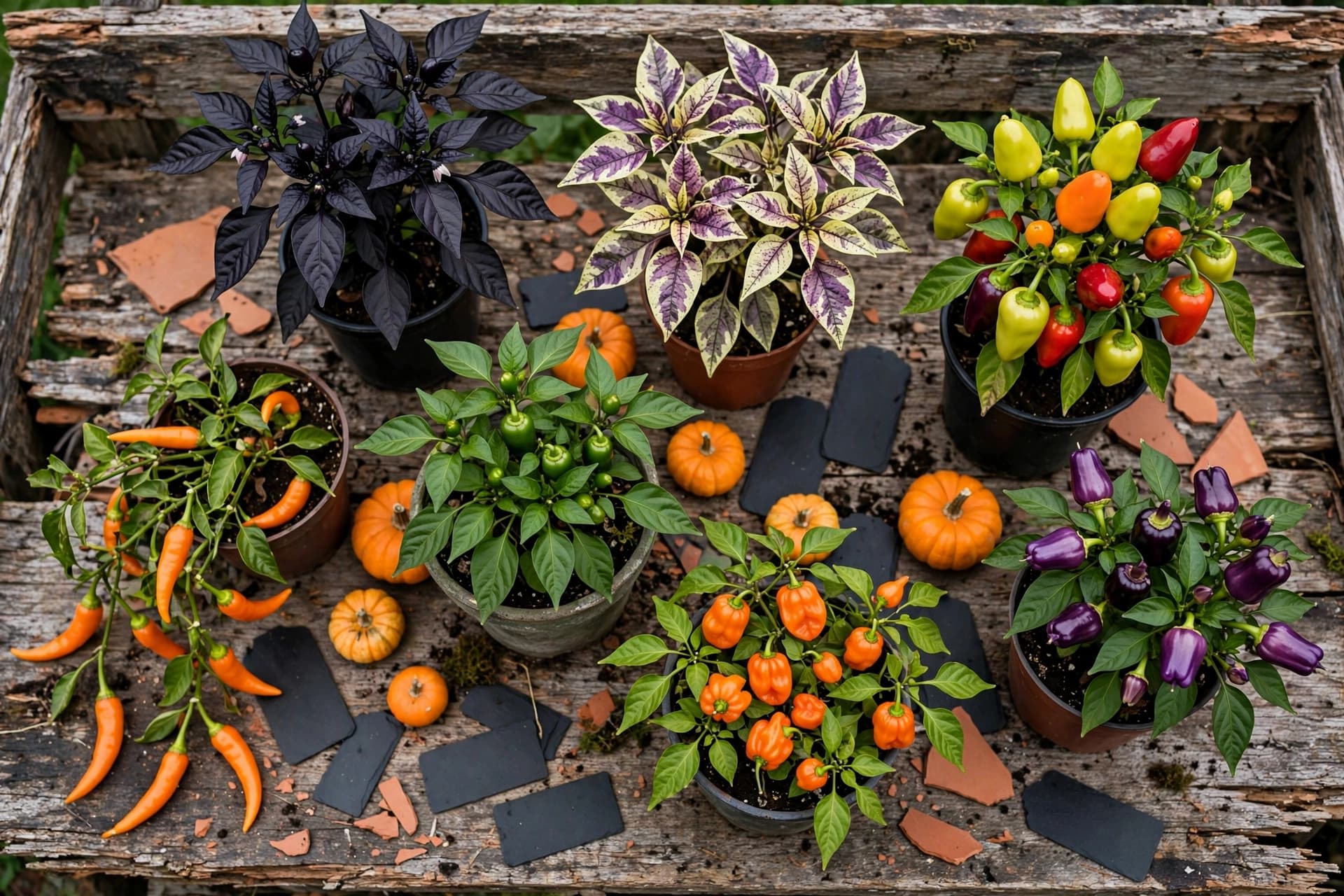 Seven ornamental pepper varieties for fall containers lined up on a potting bench with slate tags