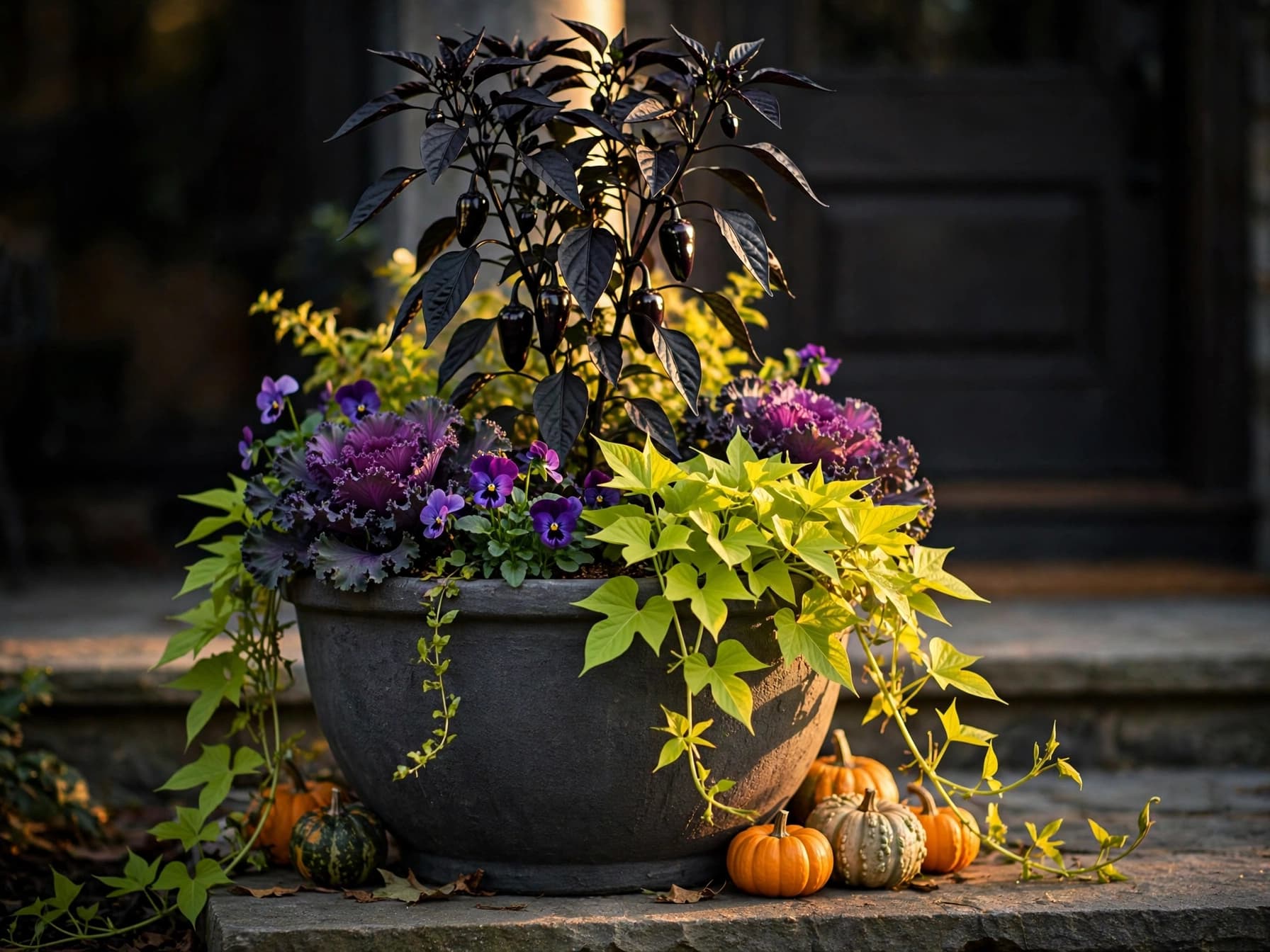 Fall container garden with Black Pearl pepper, purple kale, pansies, and sweet potato vine
