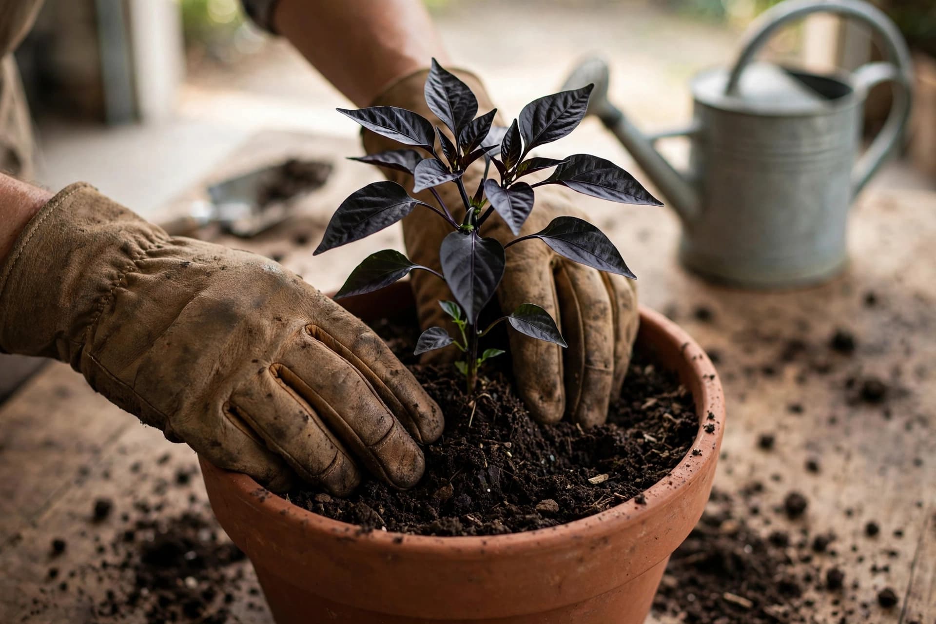 Gloved hands planting an ornamental pepper in a terracotta pot with fresh potting mix