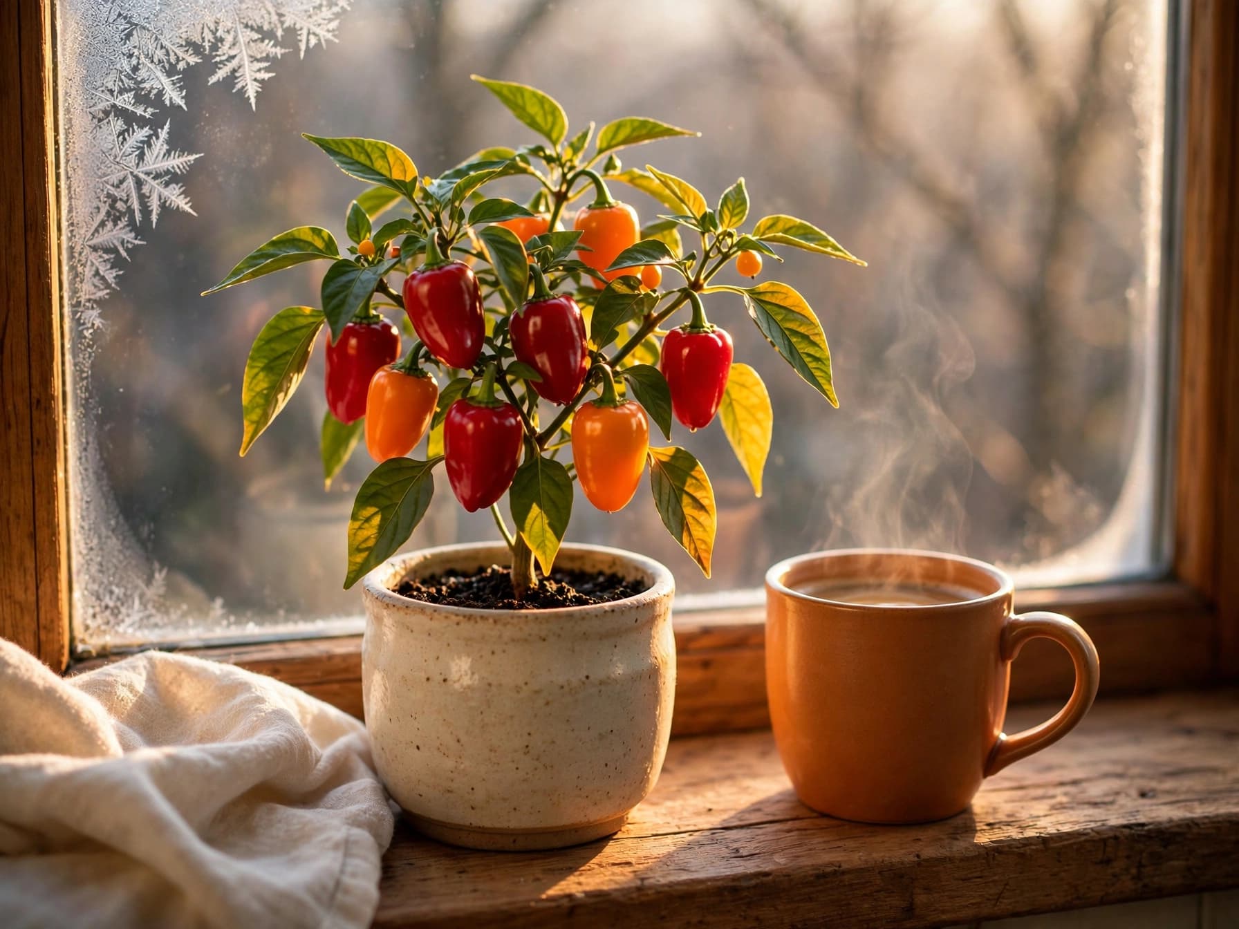 Potted ornamental pepper with red and orange fruit on a sunny kitchen windowsill in winter
