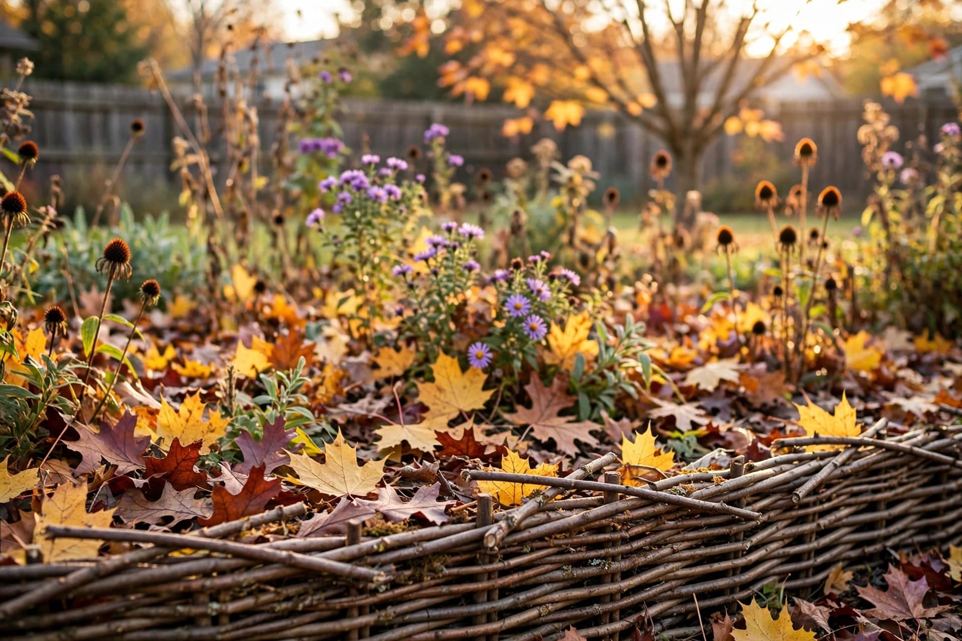 Tidy garden bed blanketed in whole autumn leaves with twig edging, a neat way to leave leaves in garden beds