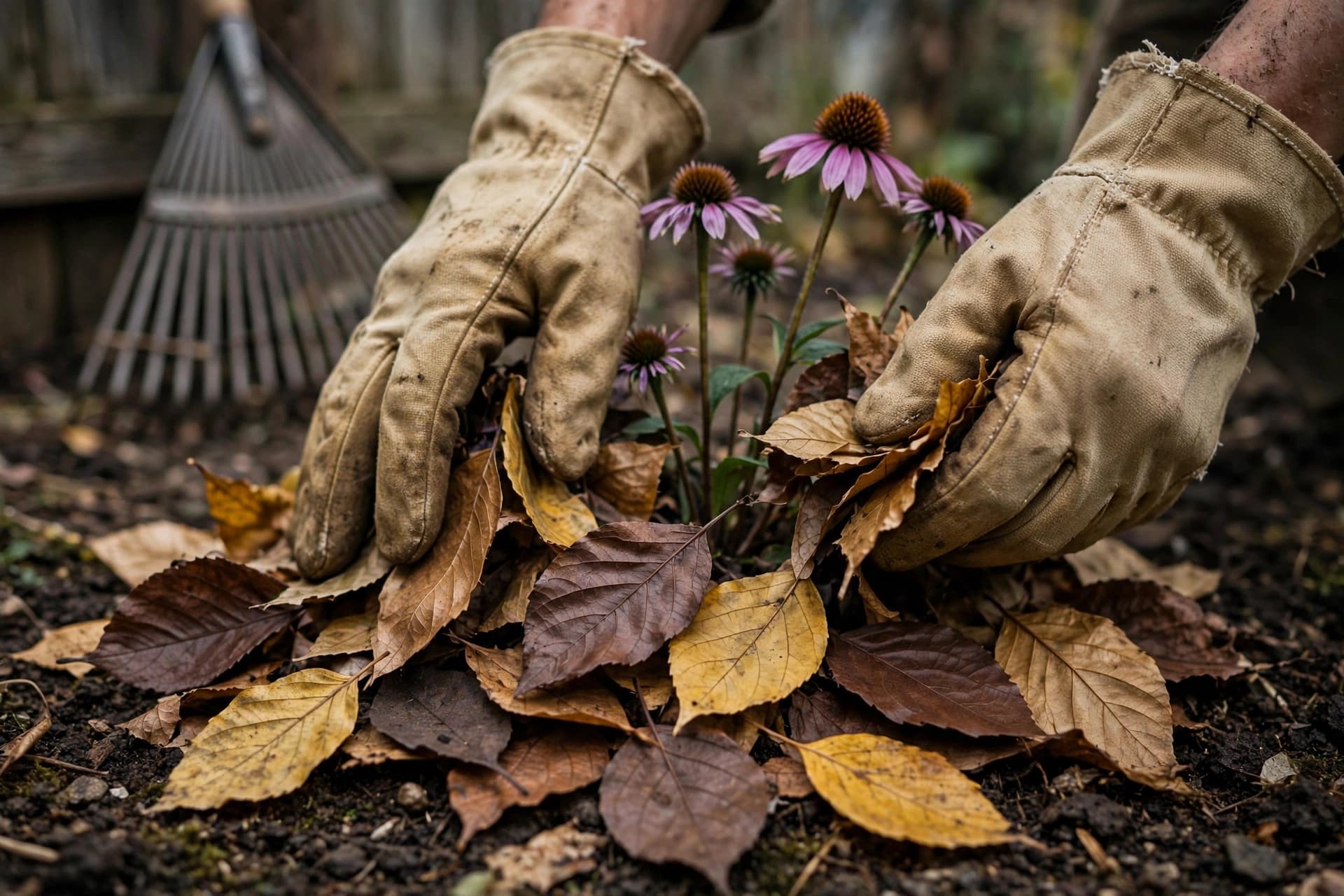 Gloved hands spreading fallen leaves as mulch around coneflower stems in a perennial garden bed